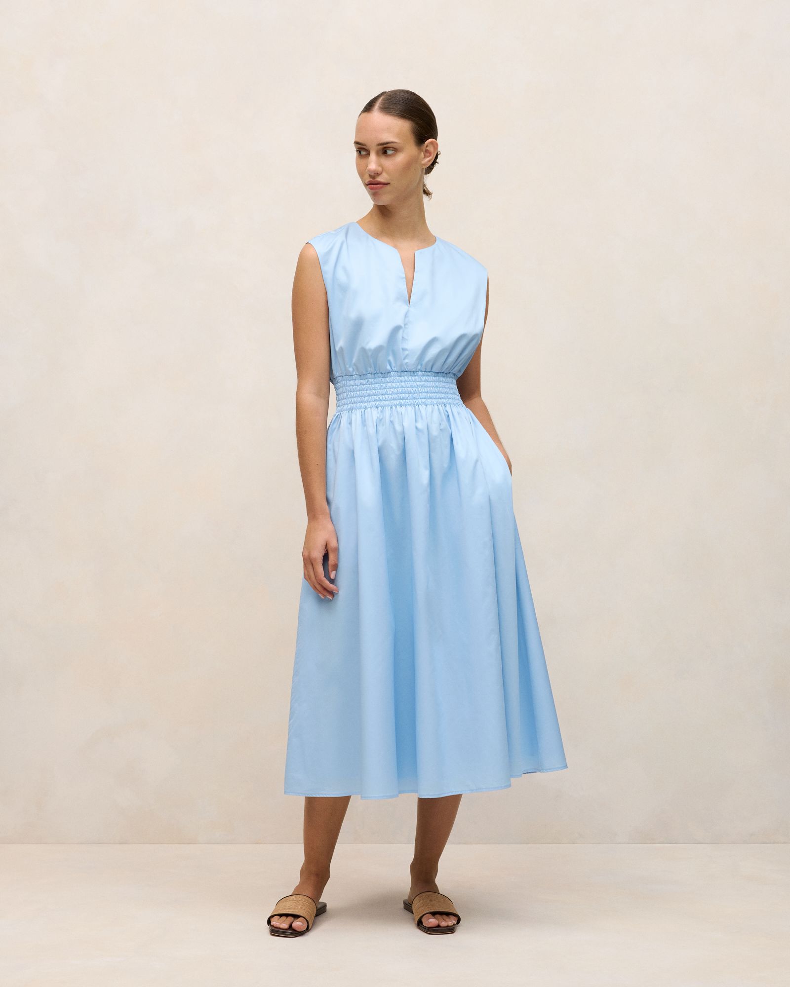 Cotton Sateen Shirred Waist Dress in Blue Marble