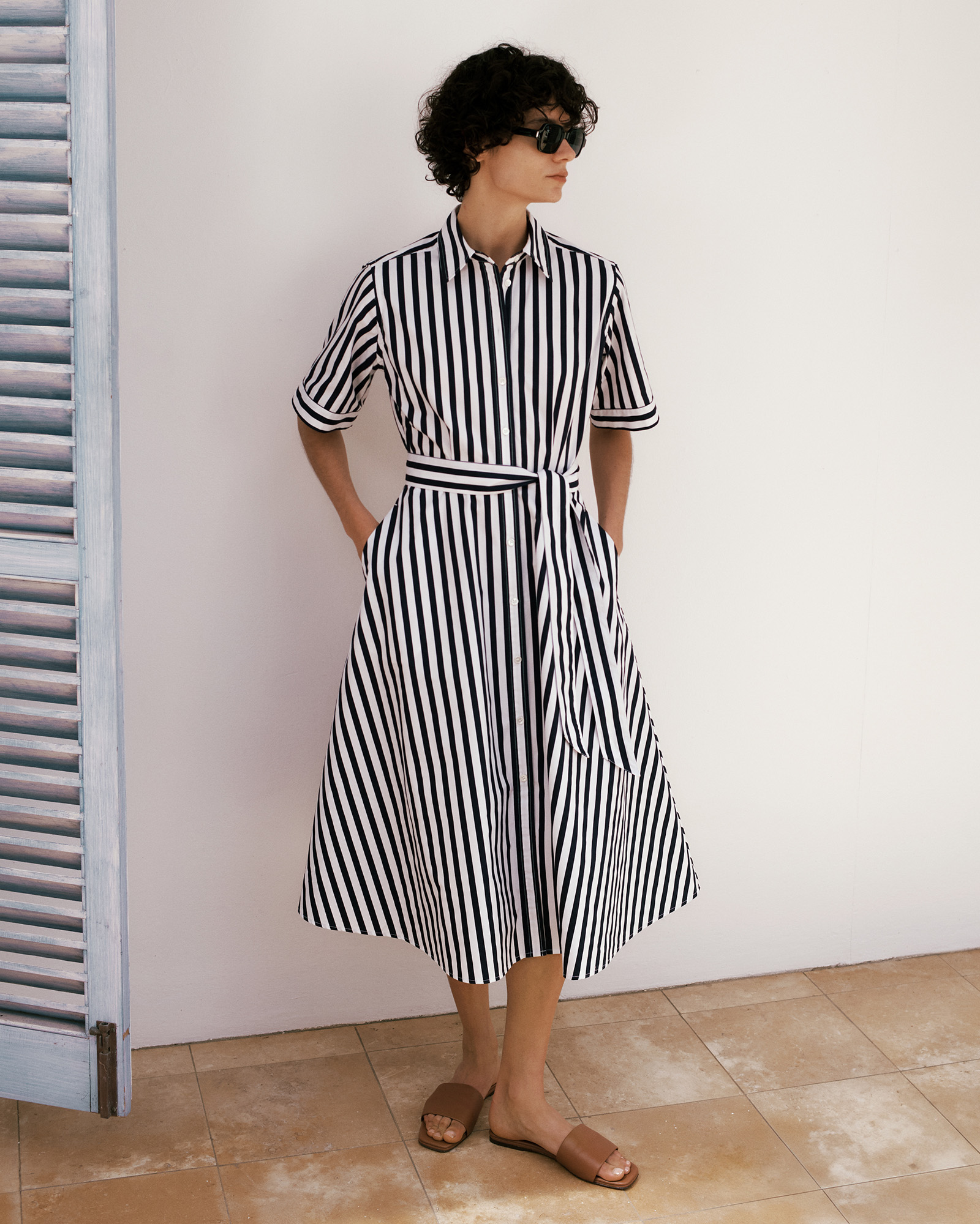 Cotton Poplin Stripe Shirt Dress in Night Sky