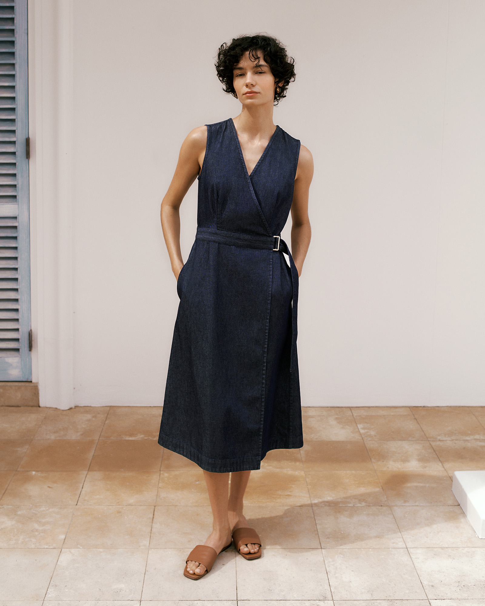 Denim Sleeveless Wrap Dress in Indigo Rinse