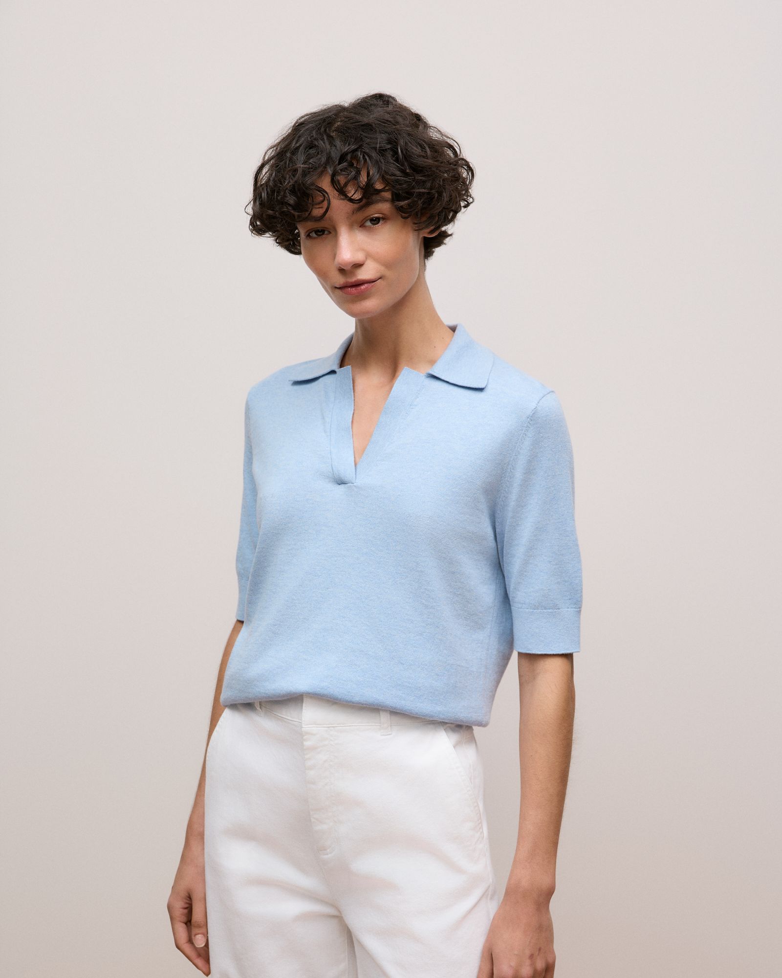 Cotton Cashmere Half Sleeve Polo in Soft Blue