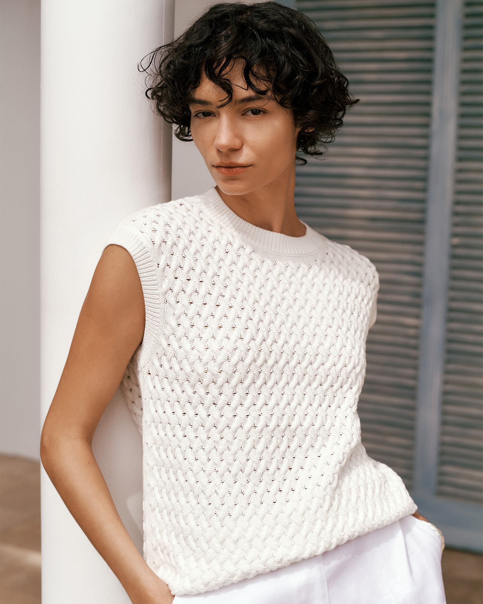Cotton Knit Sleeveless Tunic in White