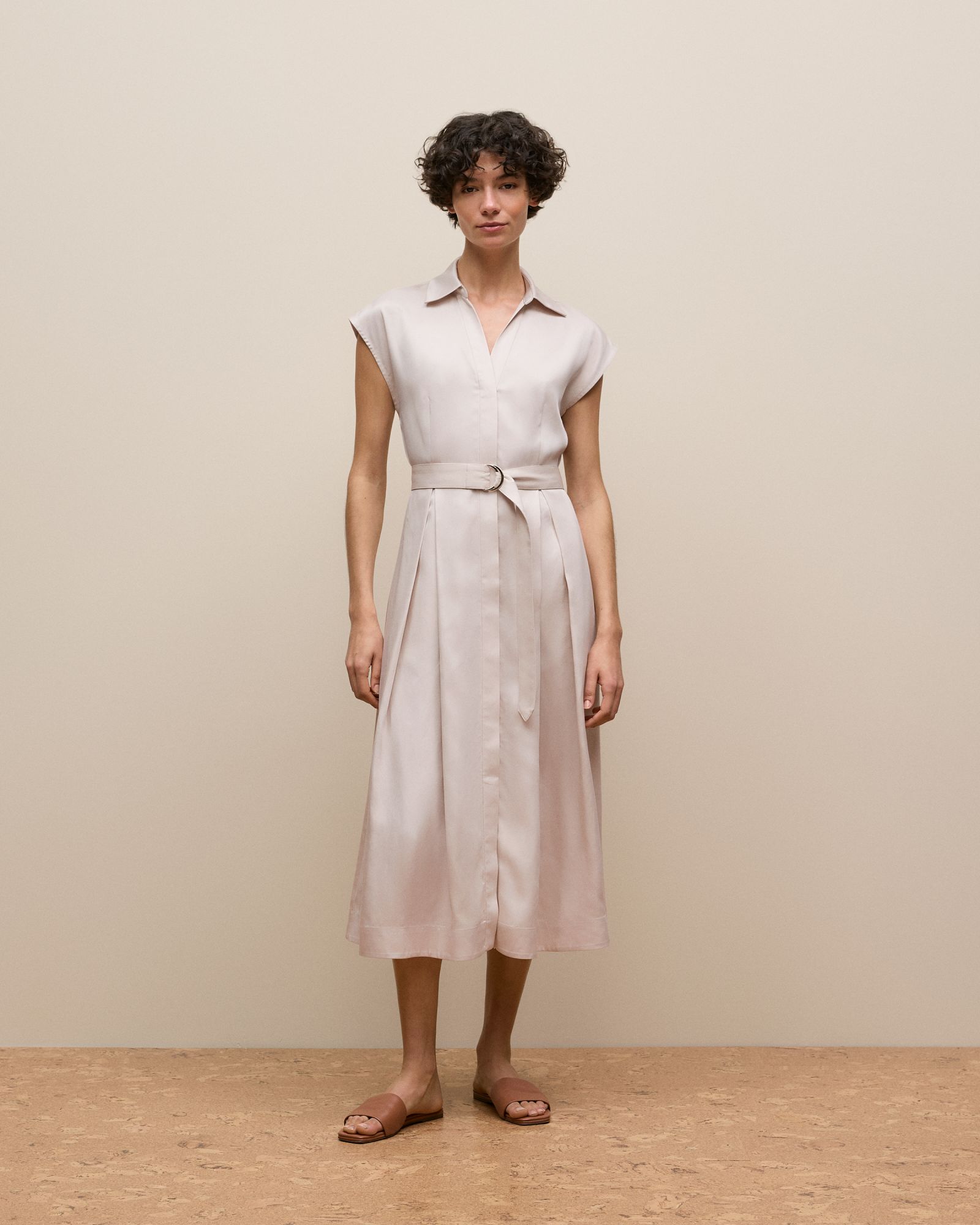 Soft Pleat Belted Dress in Stone