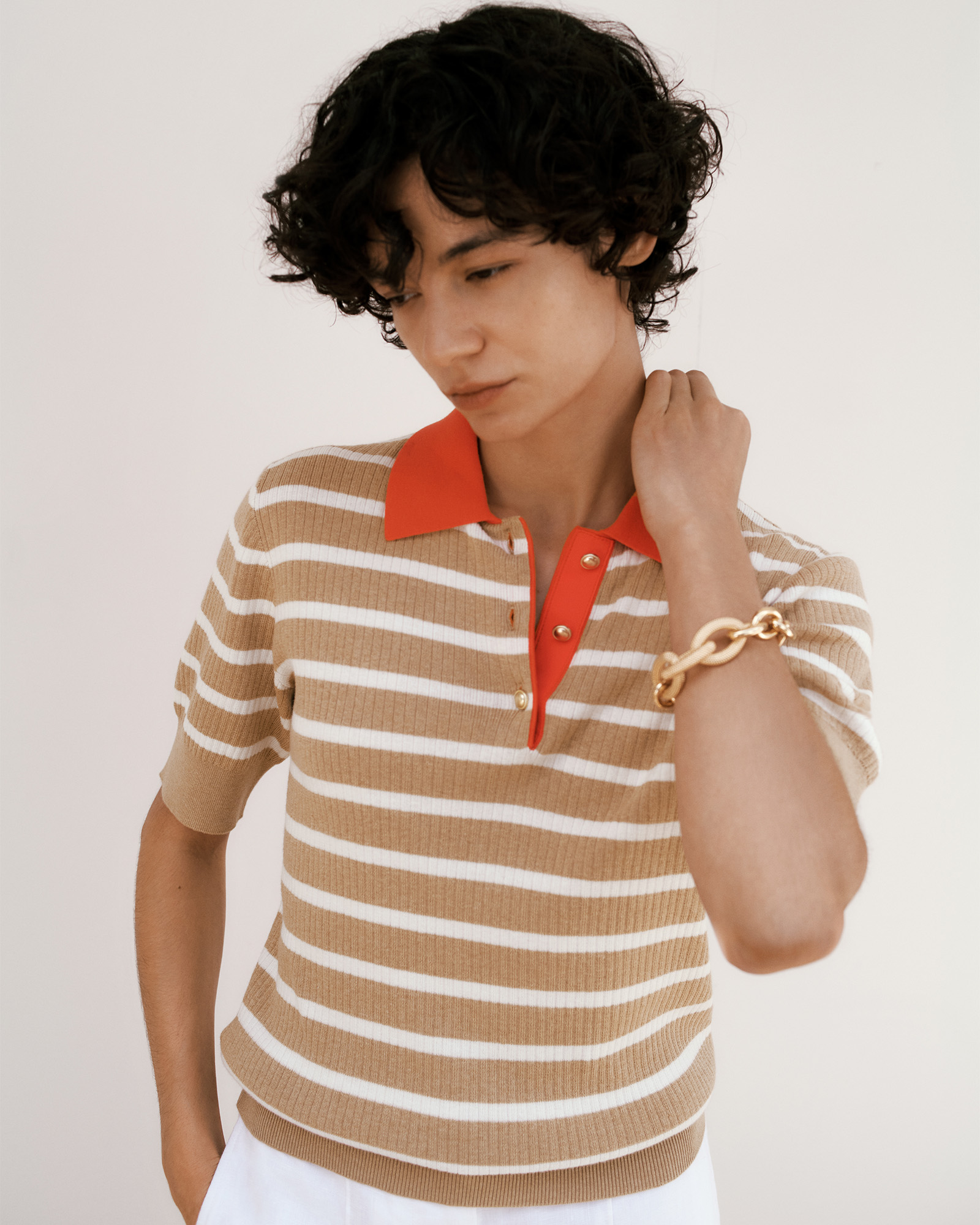 Cotton Cashmere Stripe Rib Knit Polo in Light Camel