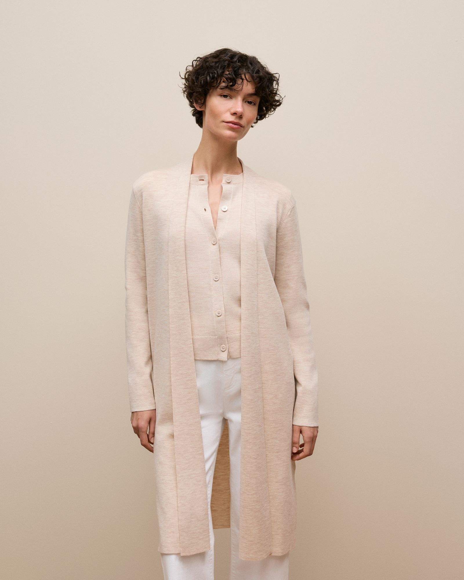 Merino Longline Cardigan in Oat Marle