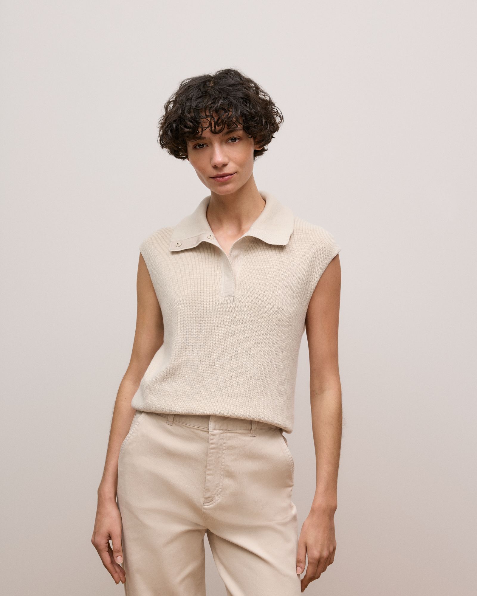 Cotton Cashmere Sleeveless Button Neck Knit in Stone