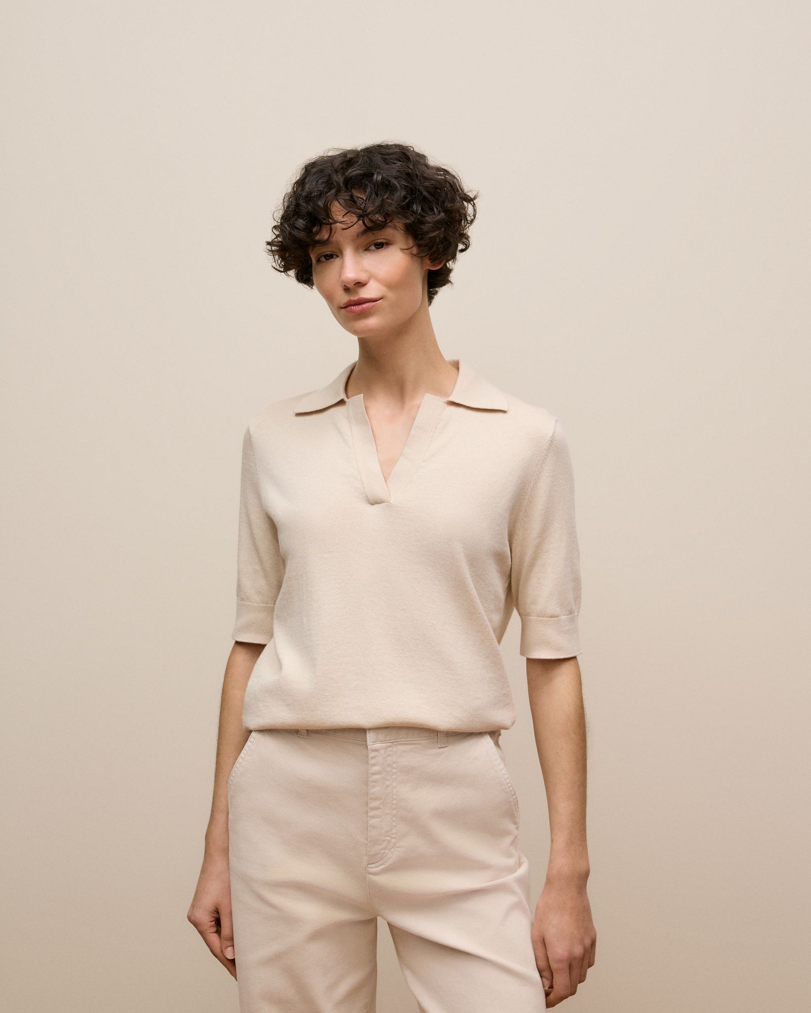 Cotton Cashmere Half Sleeve Polo in Camel