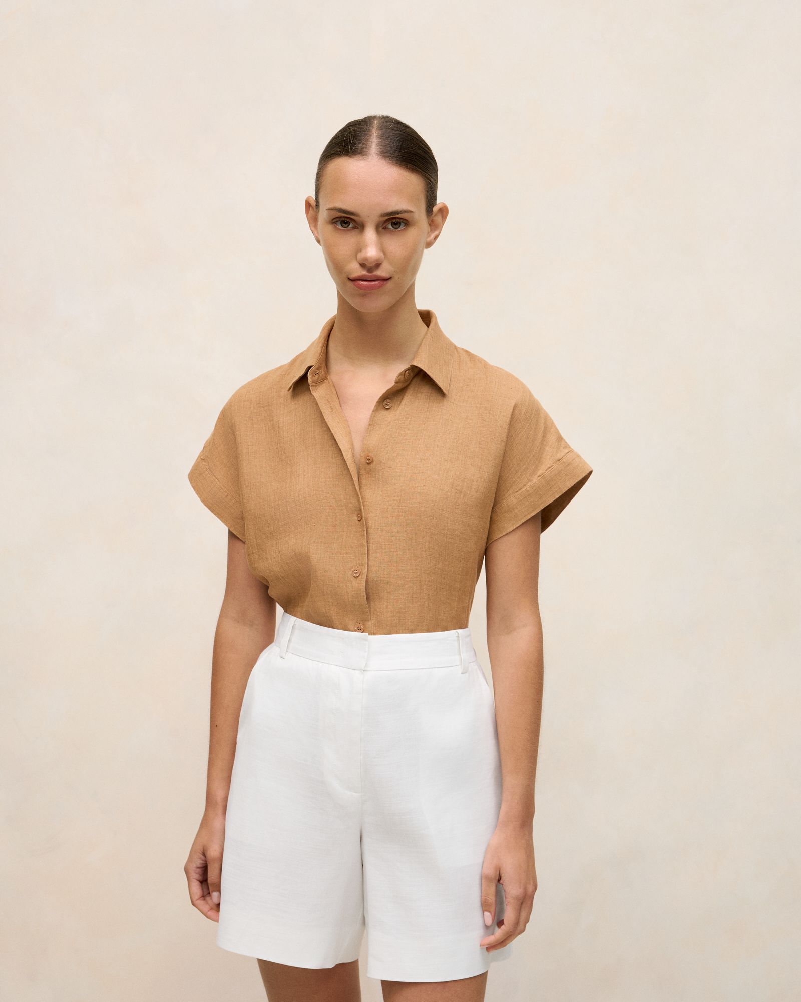 Delave Linen Cap Sleeve Shirt in Sahara Tan