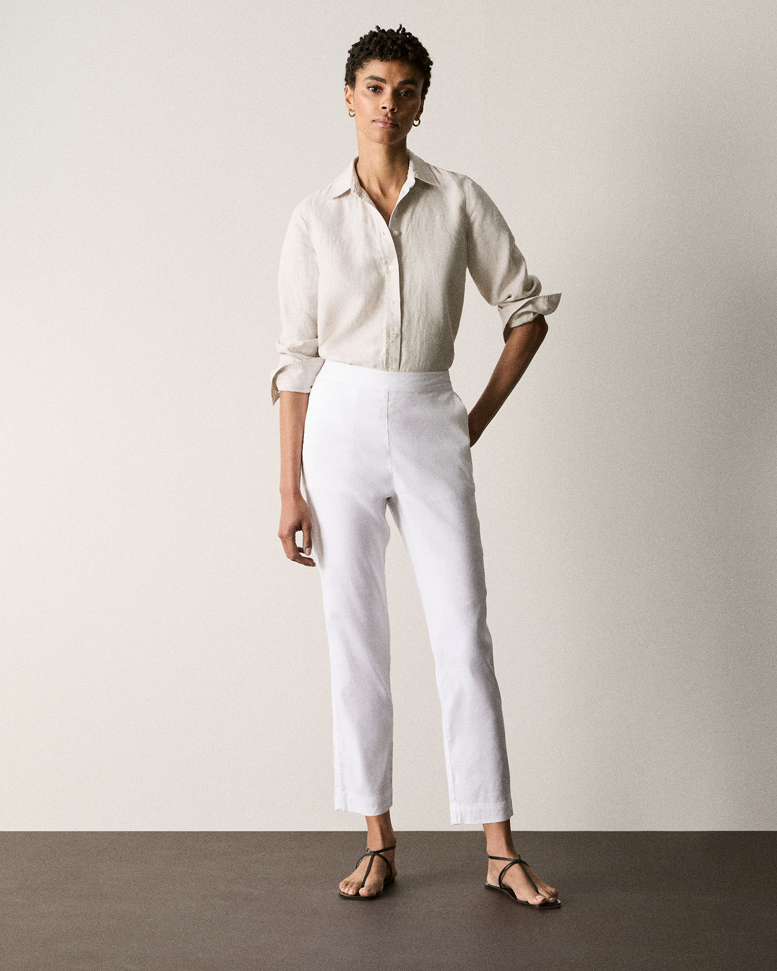 Stretch Linen Blend Pull On Pant in White