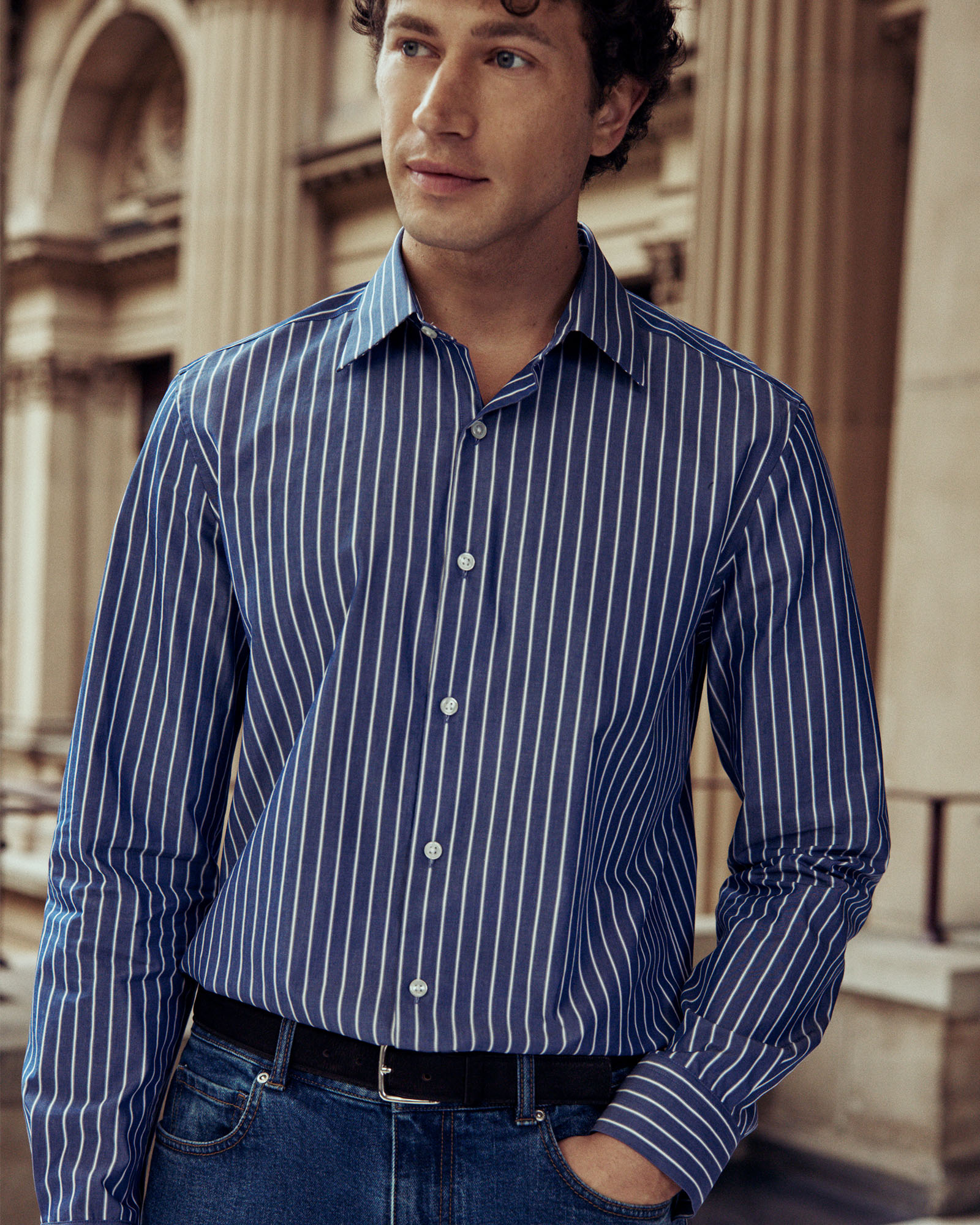 Regular Fit Cotton Urban Striped Shirt in Navy