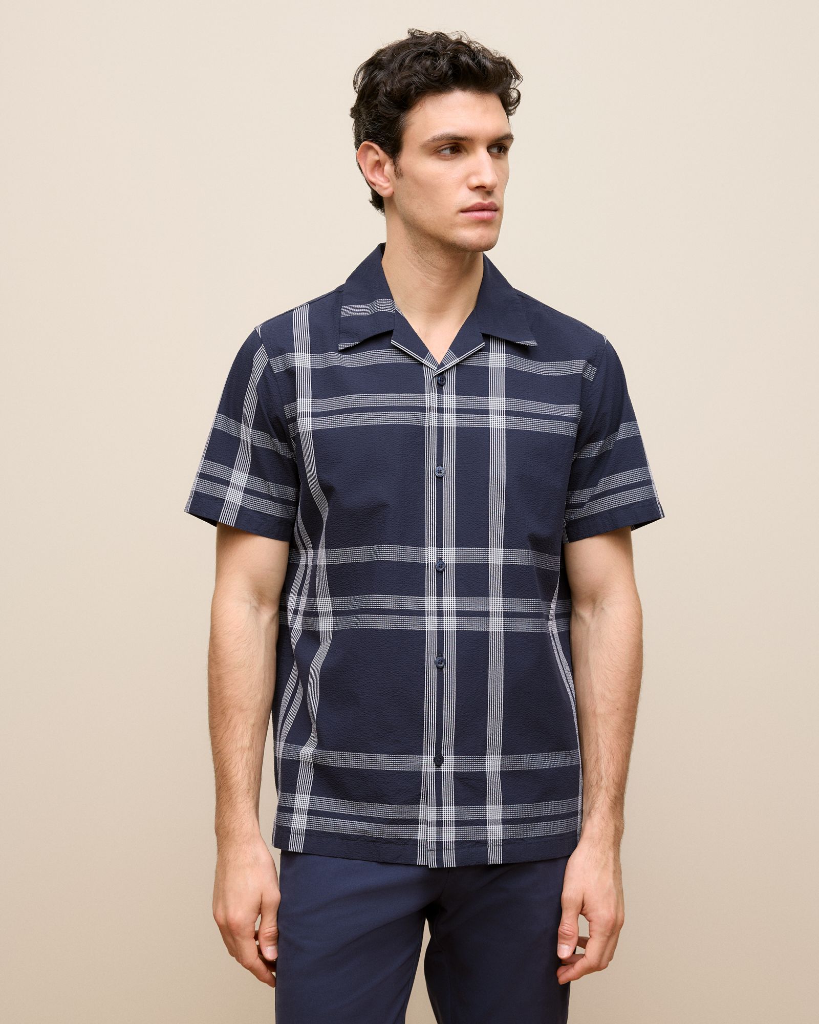 Seersucker Check Camp Shirt in Navy