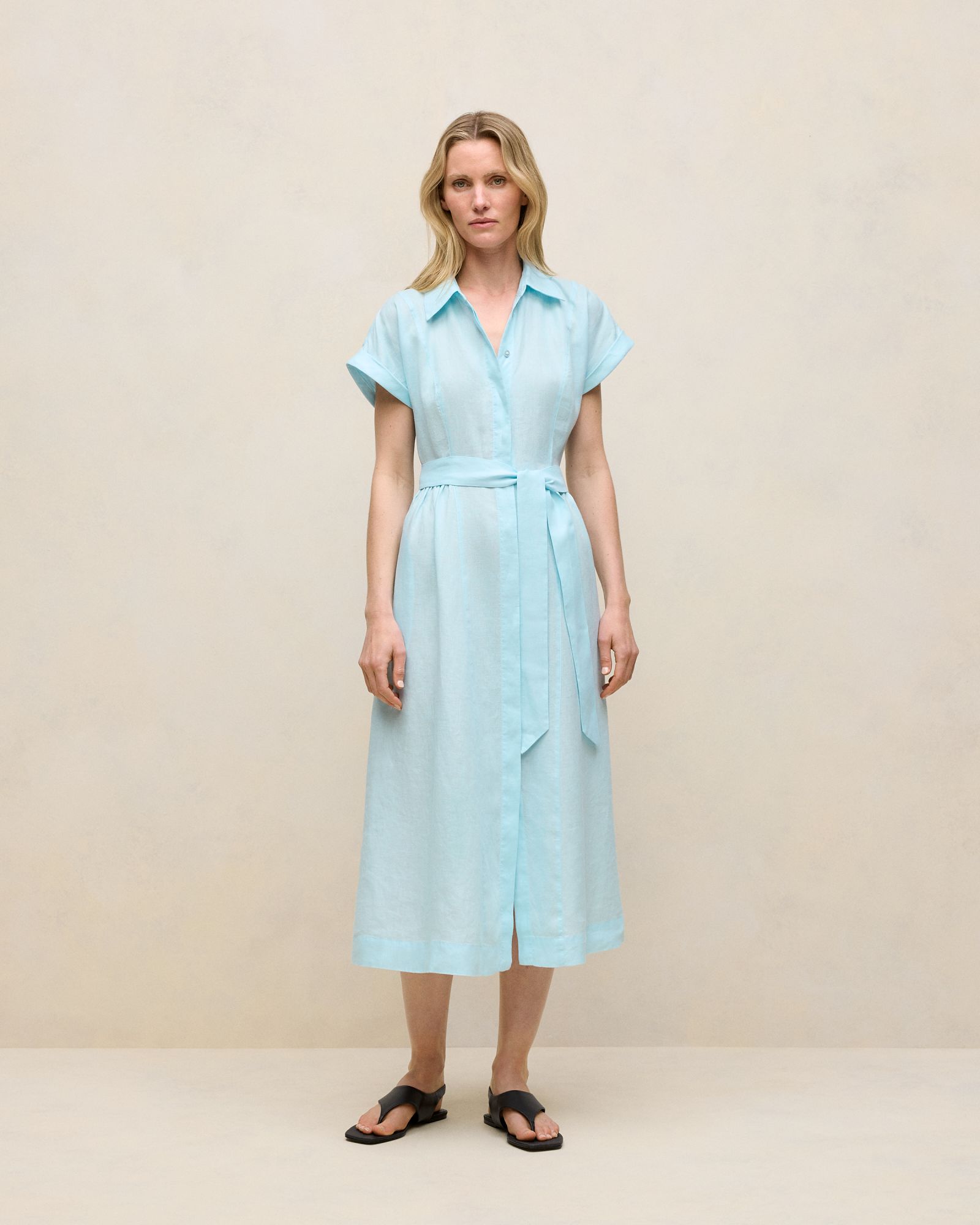 Linen Panelled Shirt Dress in Pastel Blue