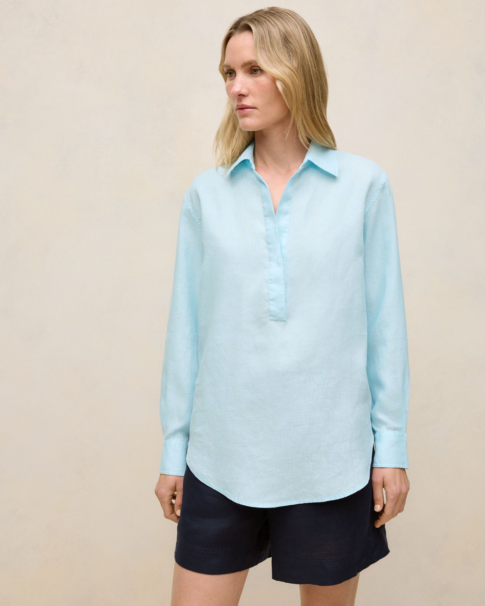 Linen Relaxed Half Placket Shirt in Pastel Blue