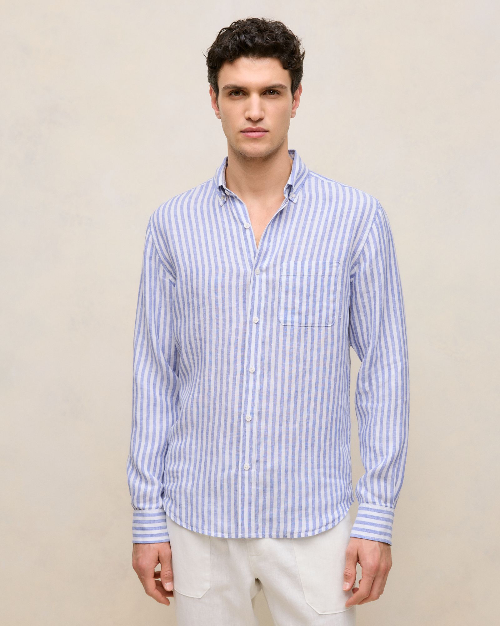 Regular Fit Linen Bengal Stripe Shirt in Vivid Blue