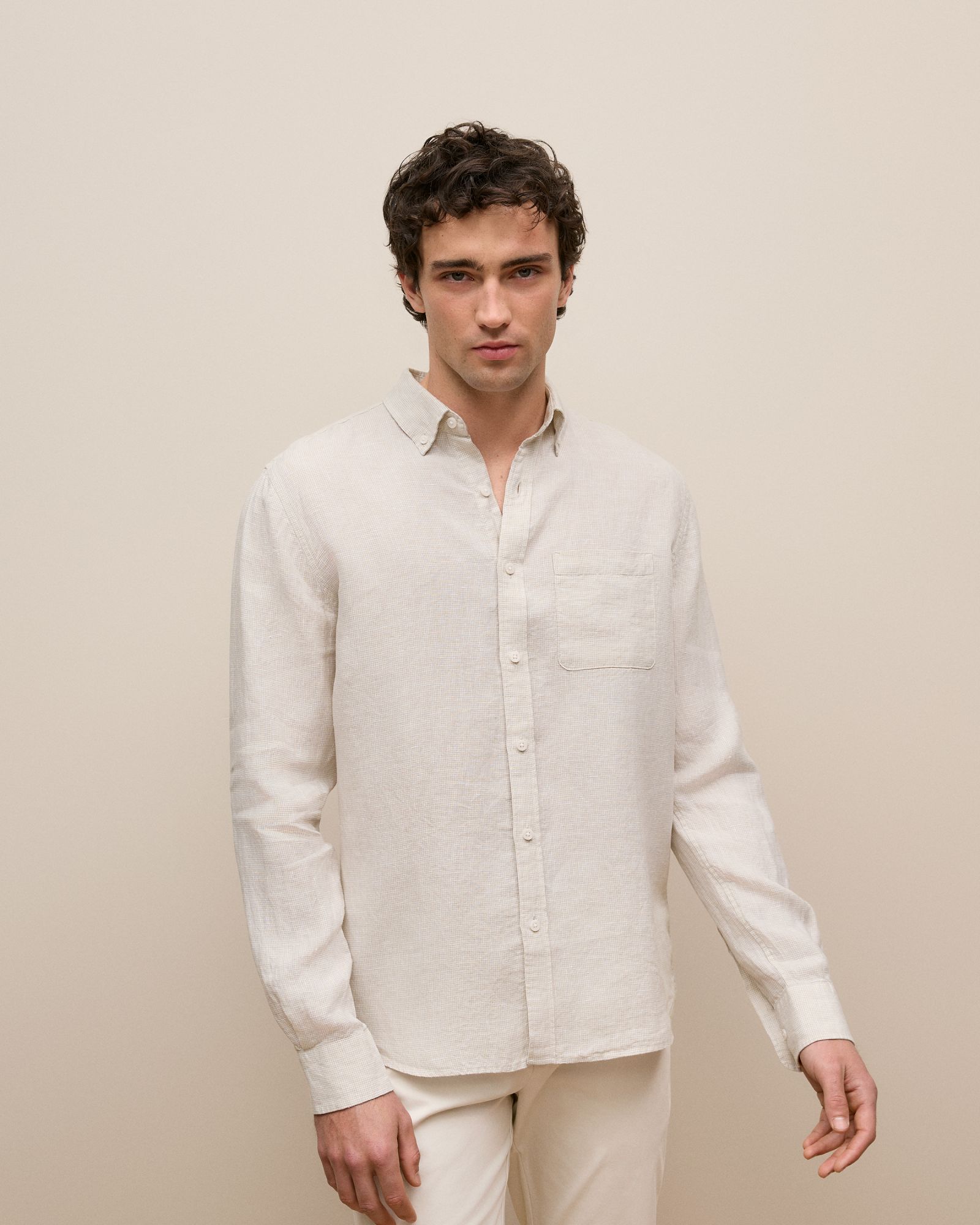 Regular Fit Linen Micro Check Long Sleeve Shirt in Stone