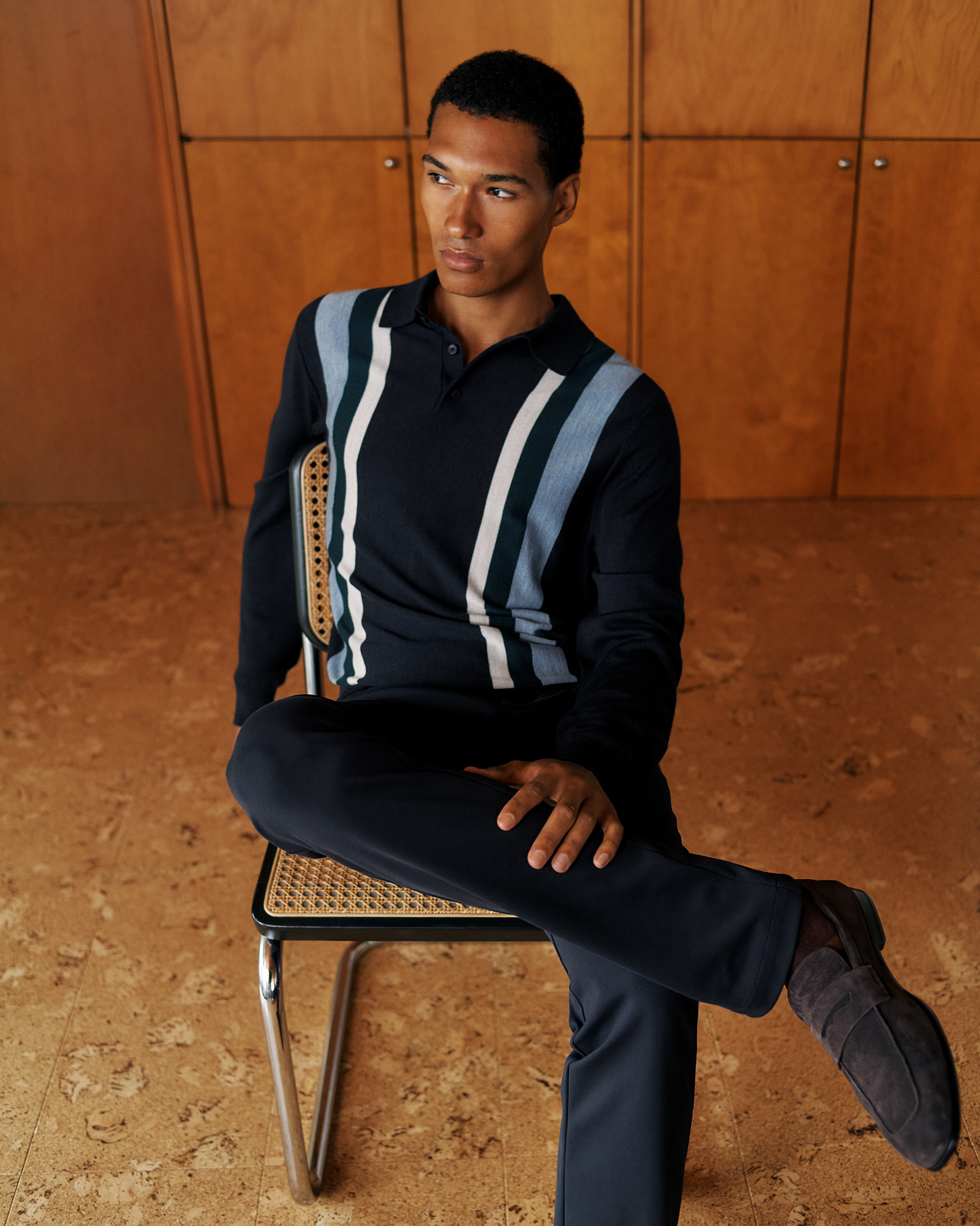 Merino Graphic Stripe Long Sleeve Polo in Navy