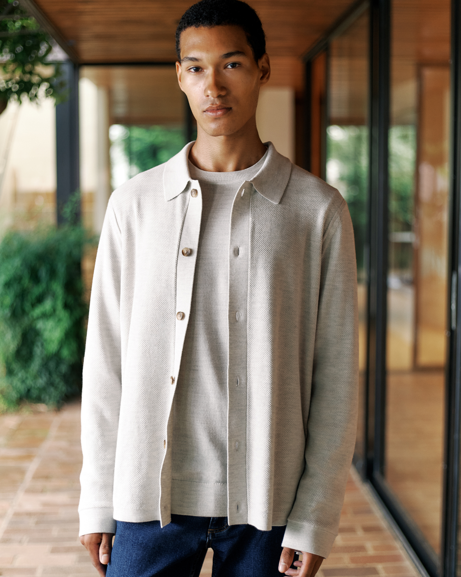 Merino Texture Knit Long Sleeve Shirt in Stone
