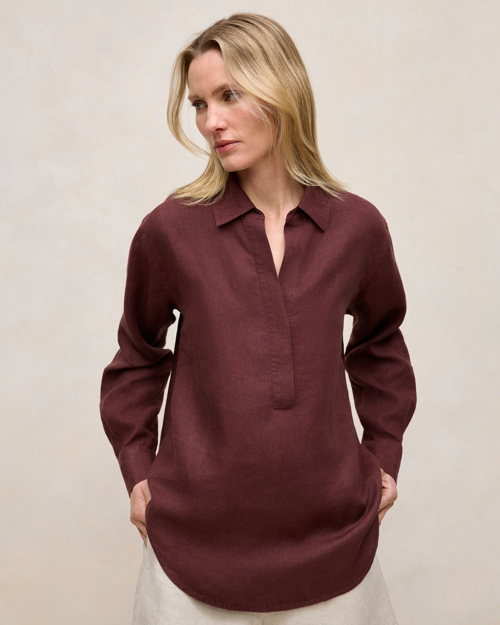 Delave Linen Half Placket Shirt in Espresso