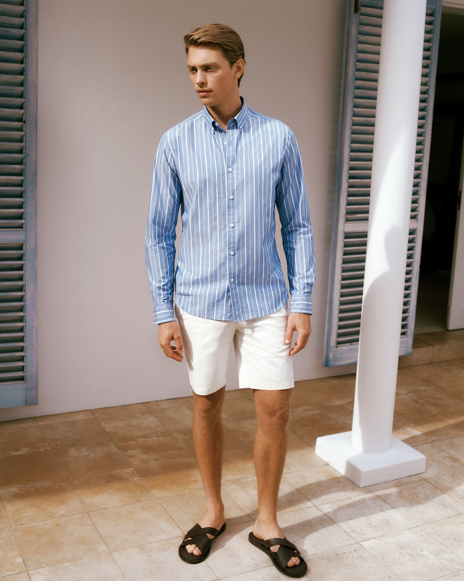 Regular Fit Poplin Stripe Long Sleeve Shirt in Dusty Blue