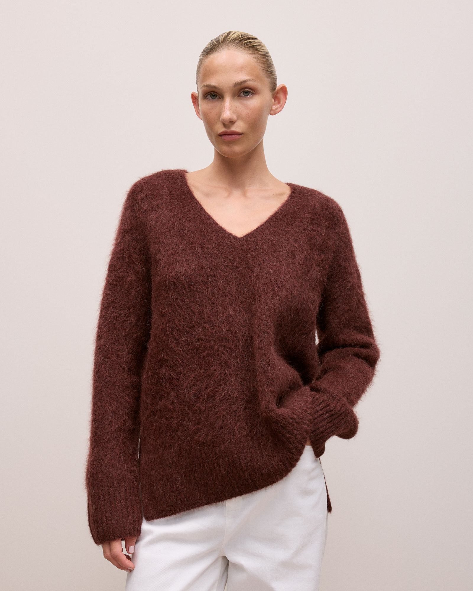 Brushed Alpaca Relaxed V Knit in Espresso