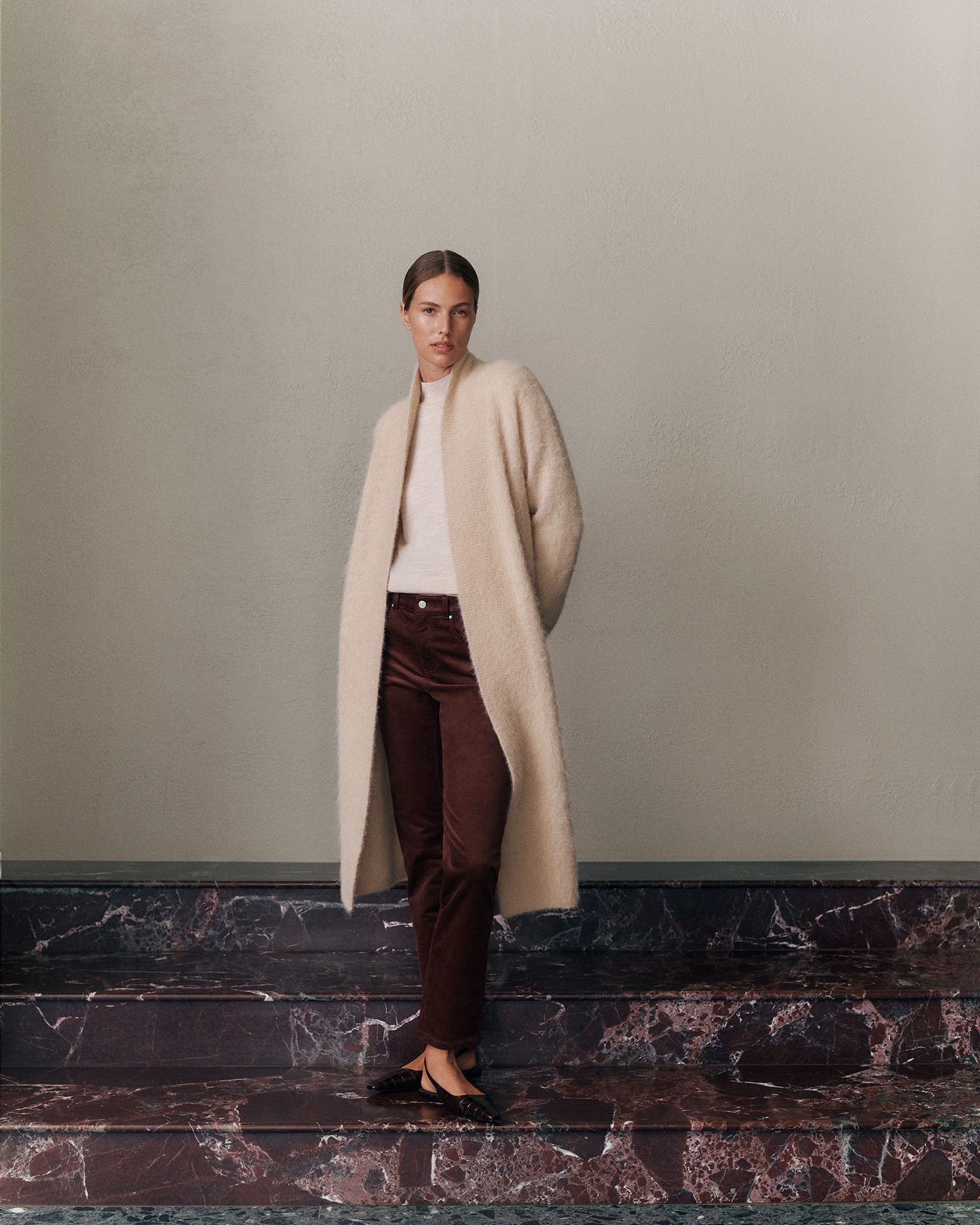 Brushed Alpaca Longline Cardigan in Oat Marle