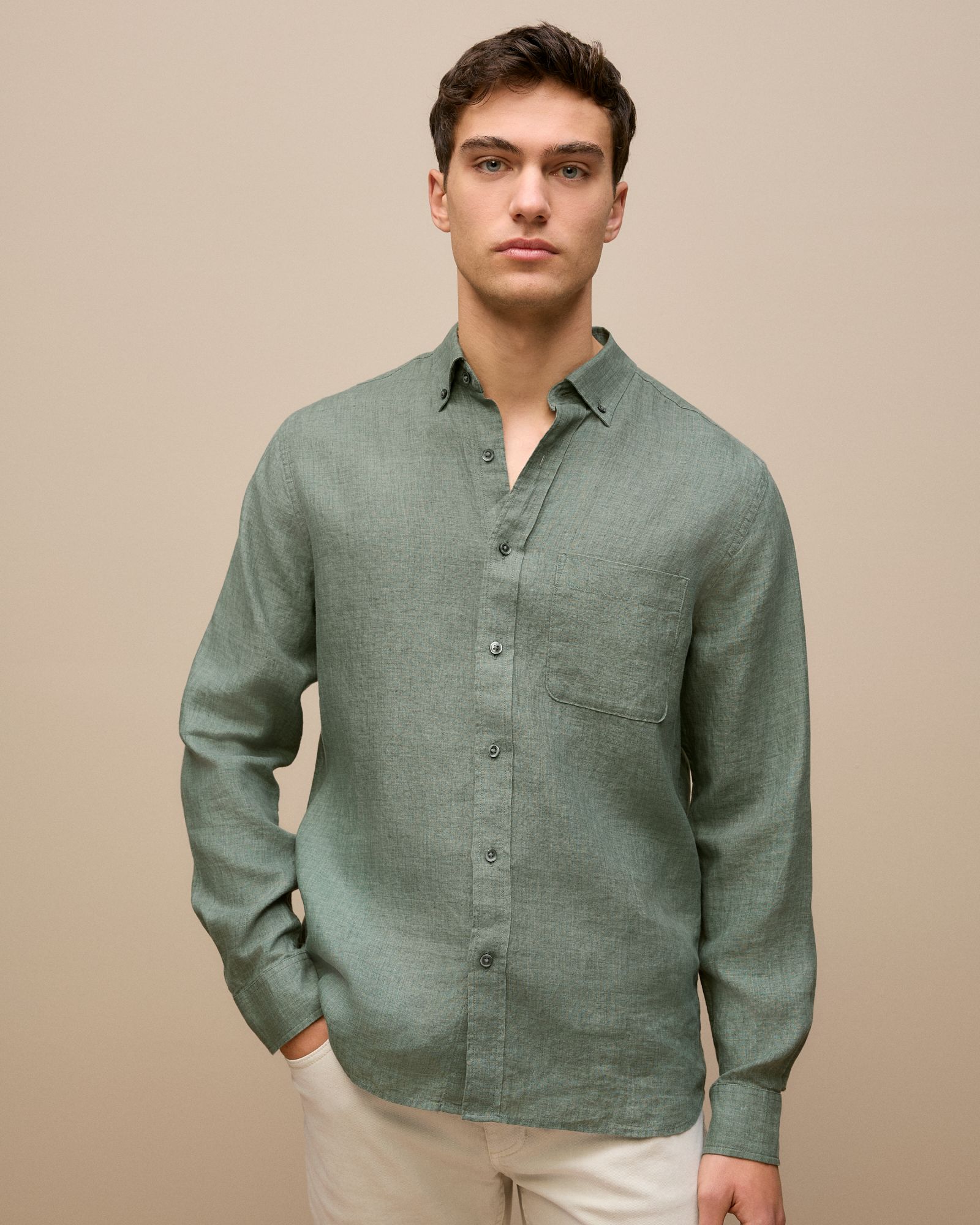 Regular Fit Delave Linen Long Sleeve Shirt in Evergreen