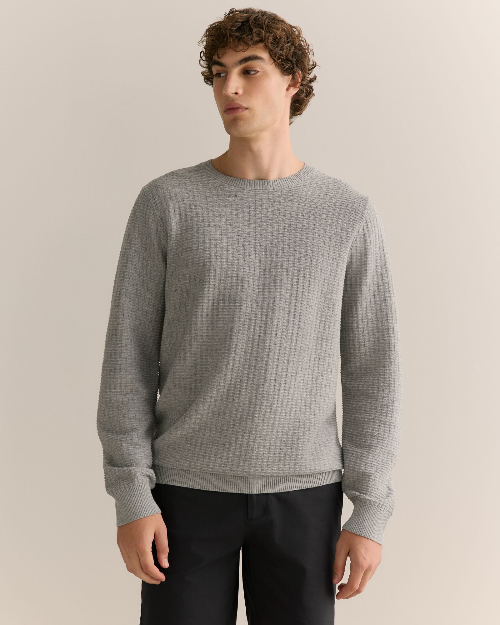 Cotton Mouline Textured Crew Knit in Grey Melange