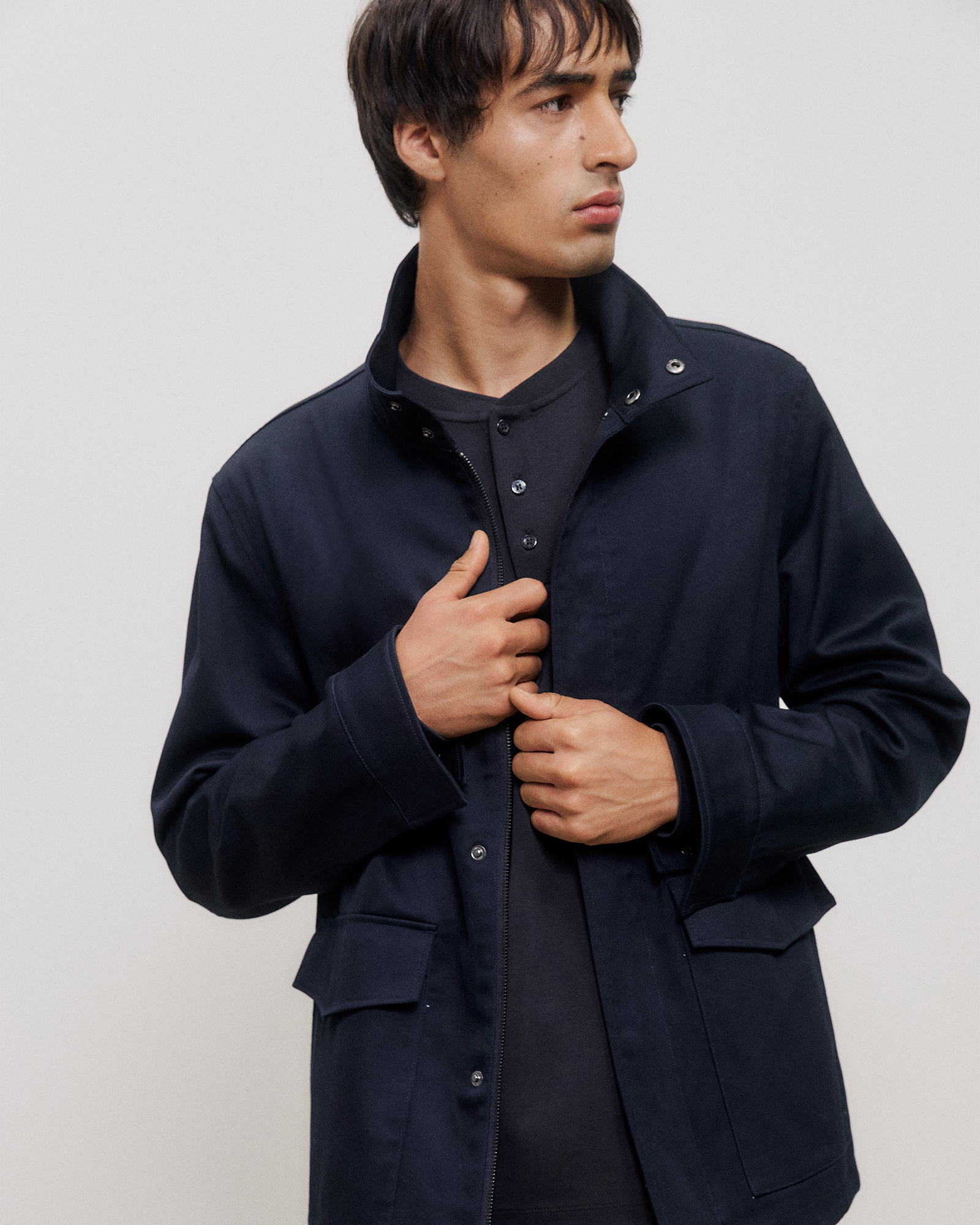 Cotton Twill Zip Through Jacket in Navy