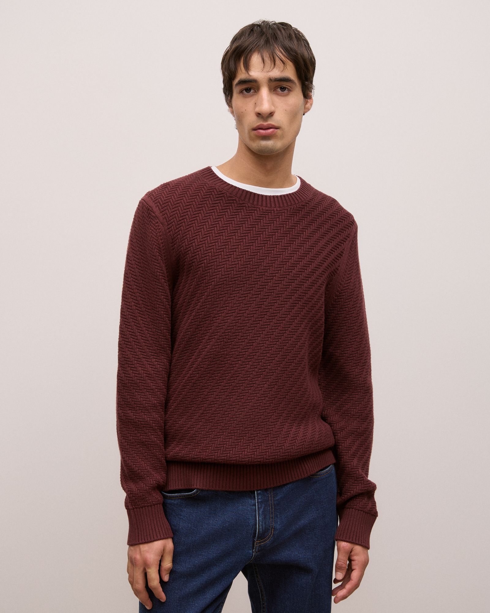 Cotton Blend Textured Crew in Red Mahogany