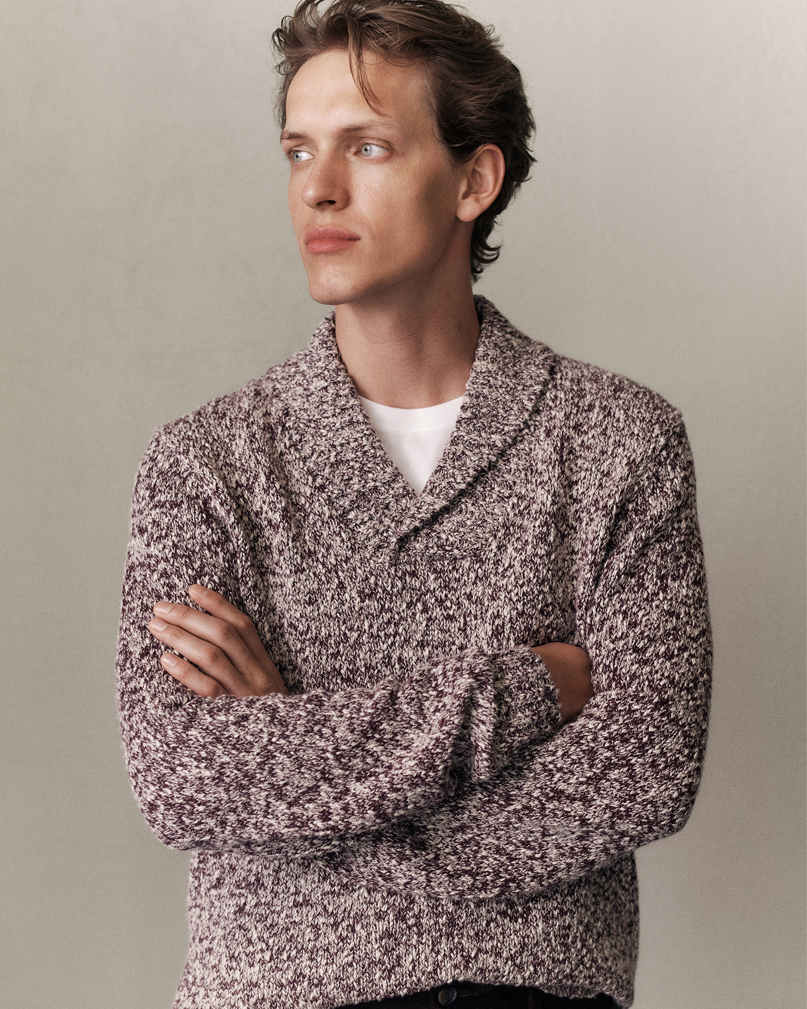 Textured Shawl Collar Knit in Red Mahogany