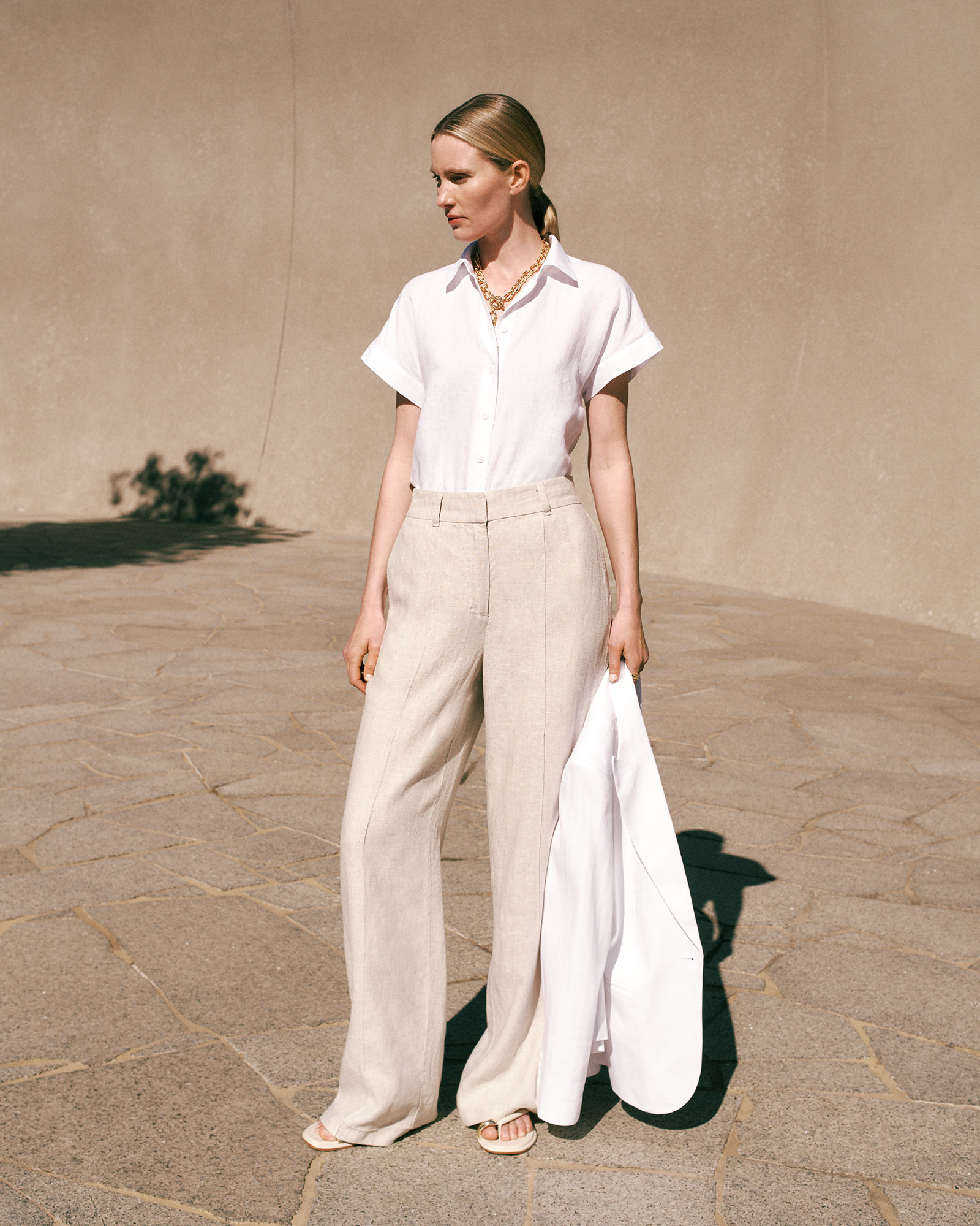 Linen Cap Sleeve Shirt in White