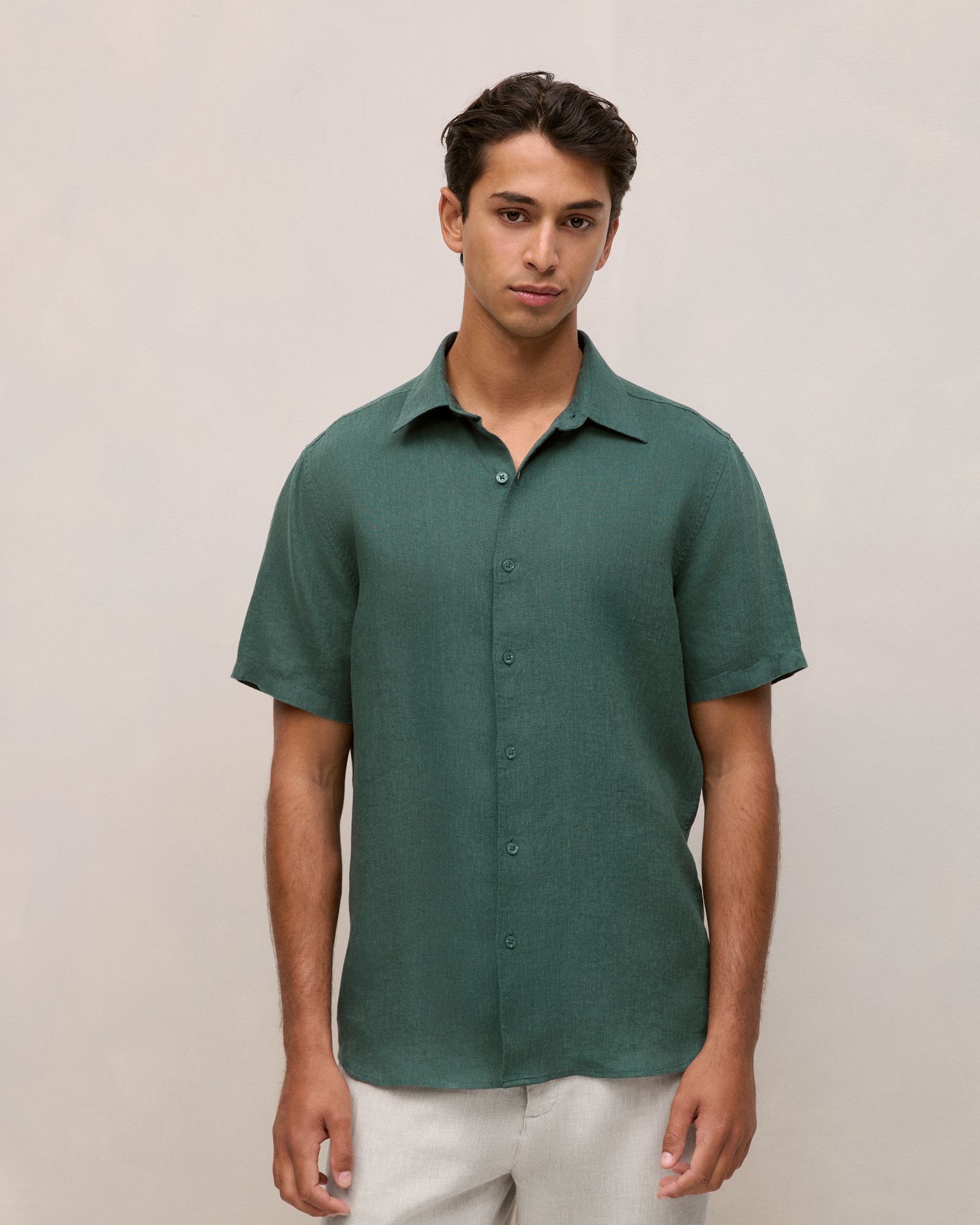 Linen End On End Short Sleeve Shirt in Woodland Green