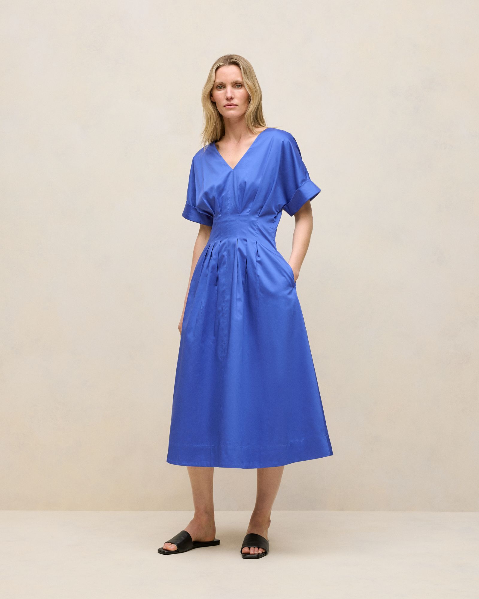 Cotton Sateen Pleat Waist Dress in Vivid Blue