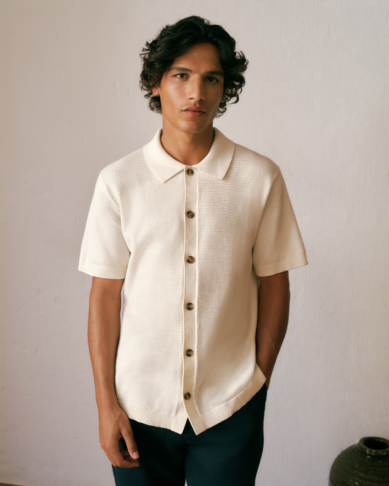 Cotton Basketweave Knit Shirt in Parchment