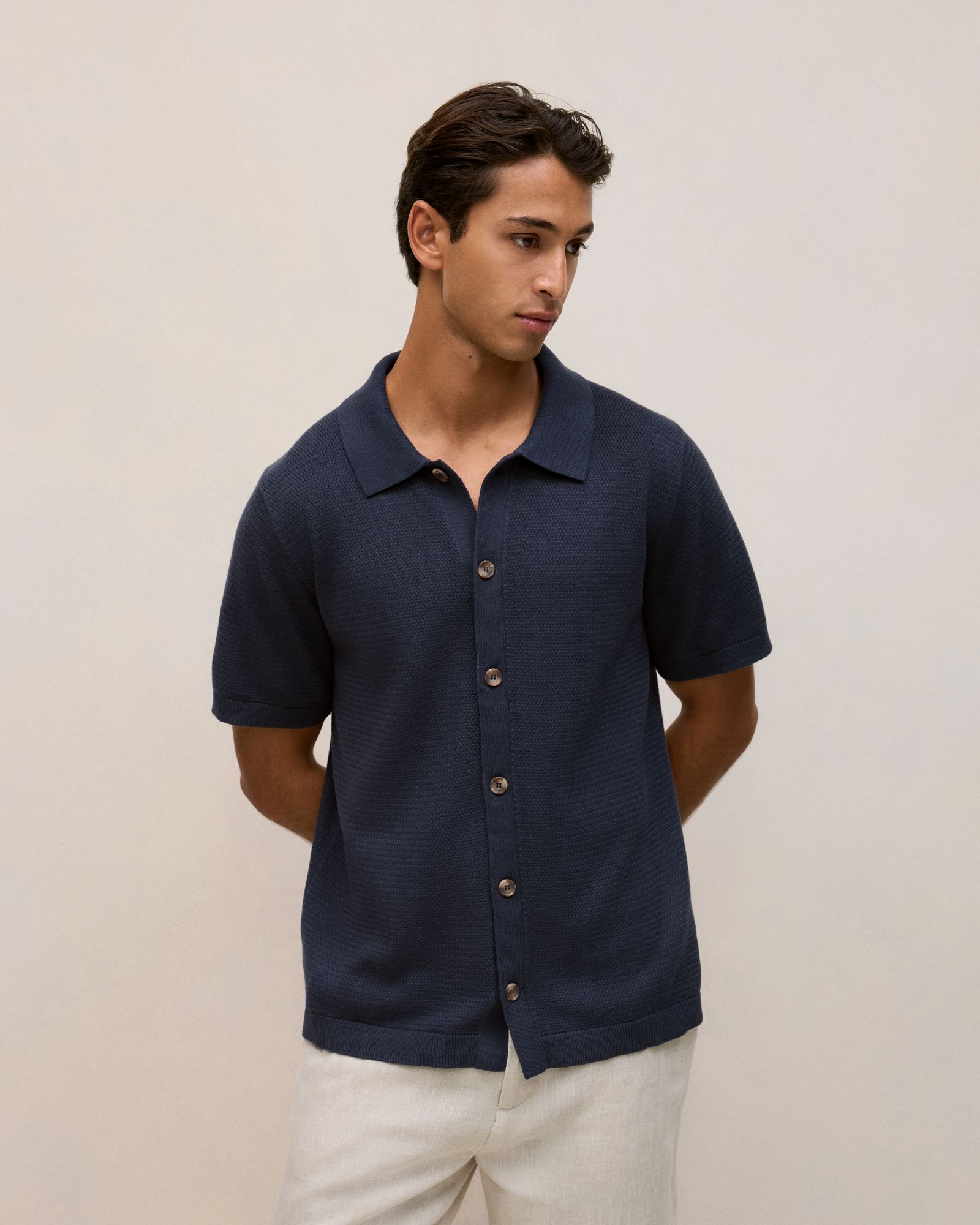 Cotton Basketweave Knit Shirt in Navy