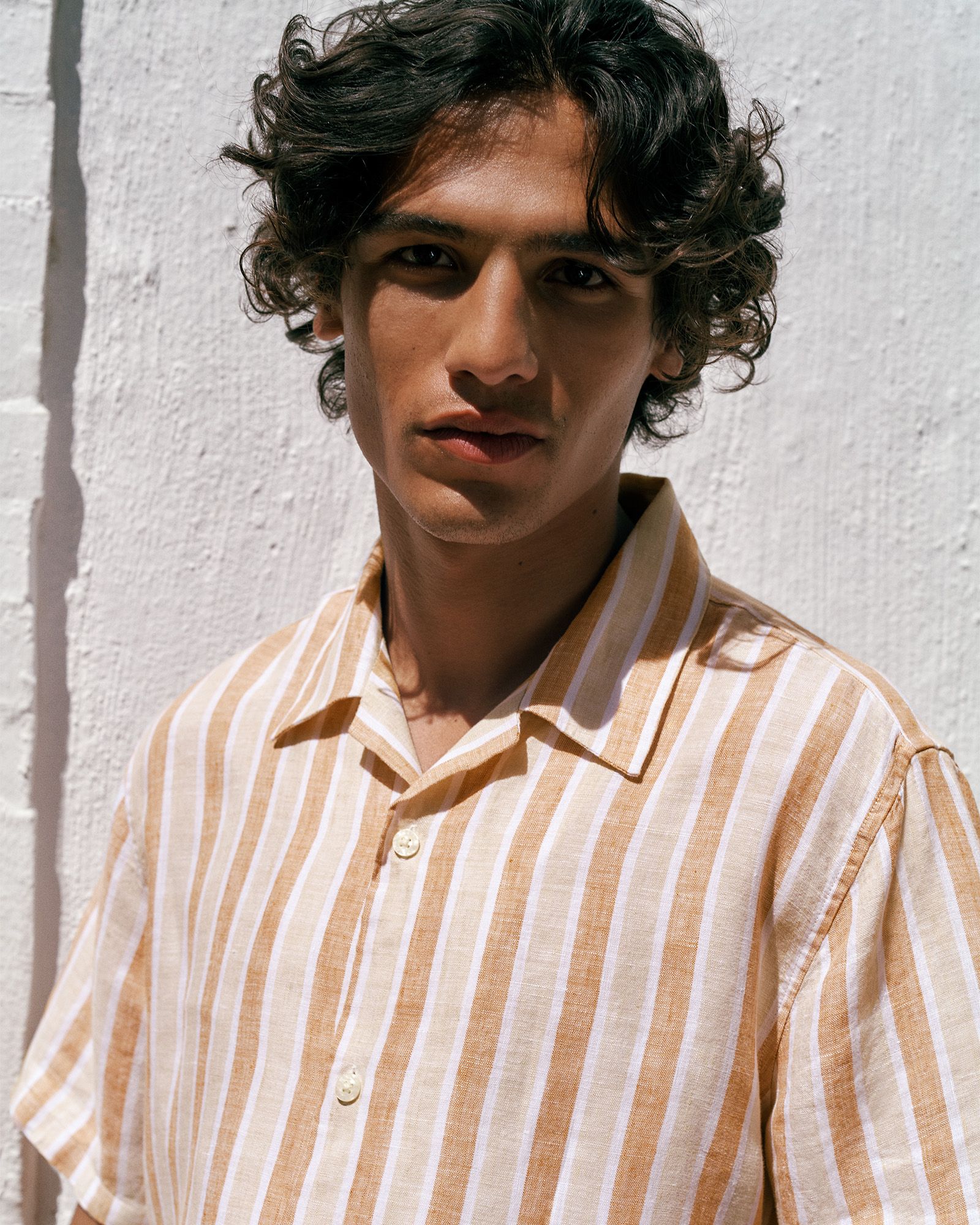 Linen Tent Stripe Camp Shirt in Sand