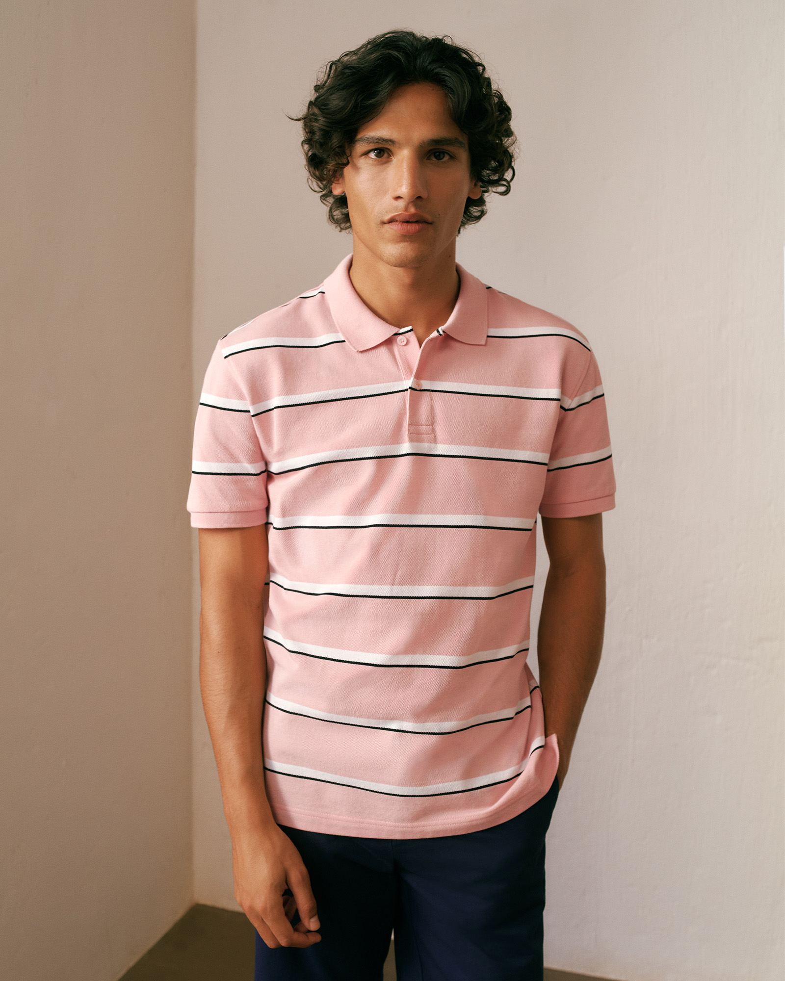 Cotton Pique Double Stripe Polo in Light Pink