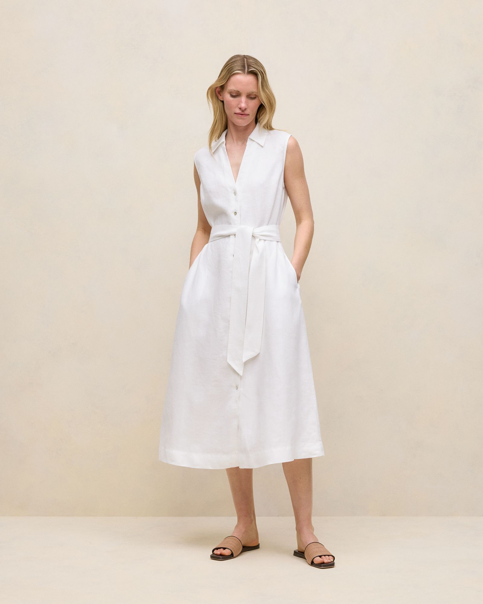 Linen Sleeveless Shirt Dress in White