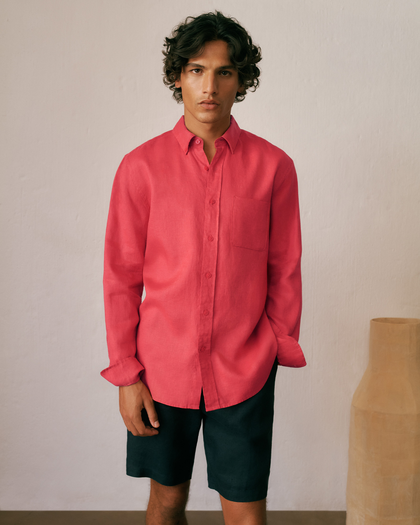 Regular Fit Linen Classic Long Sleeve Shirt in Crimson