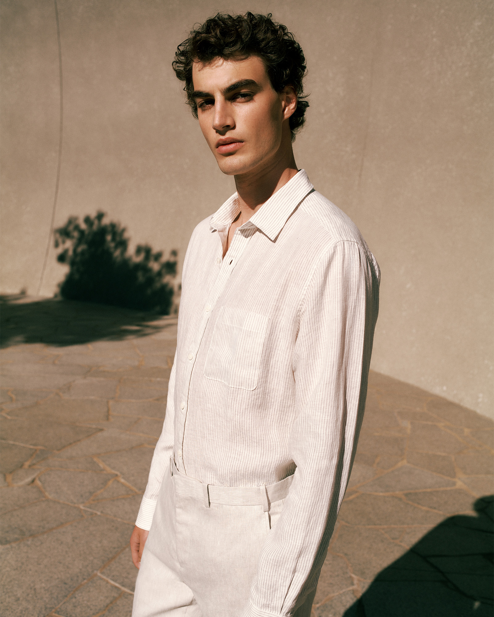 Regular Fit Fine Stripe Linen Long Sleeve Shirt in White