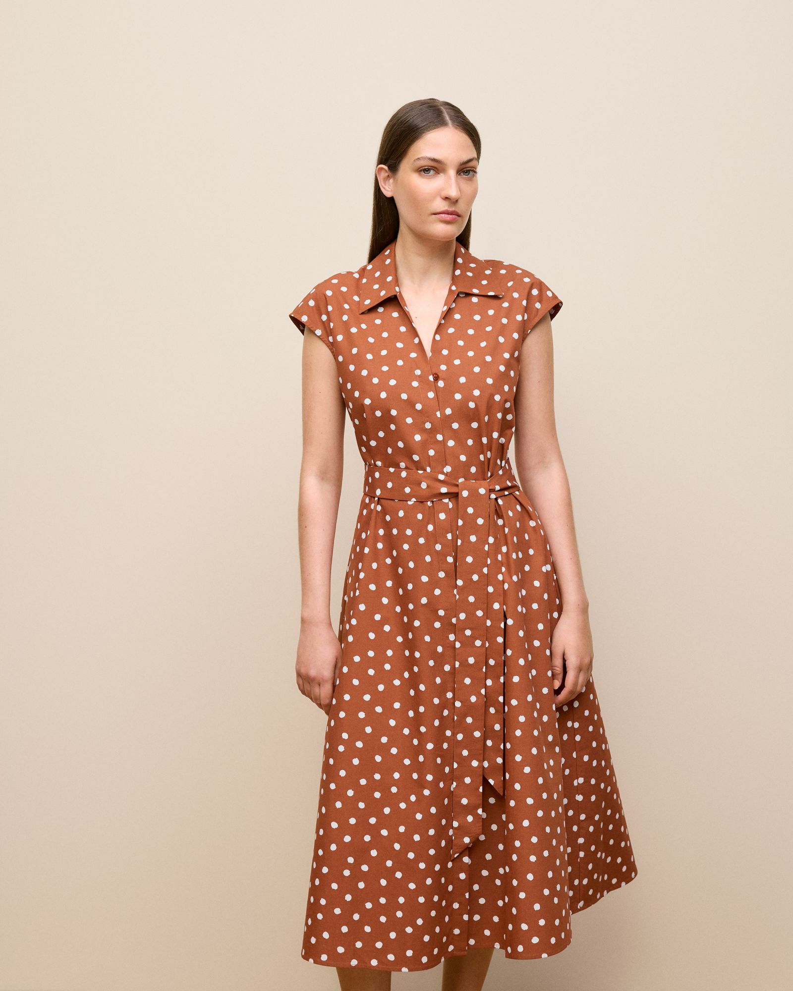 Spot Poplin Cap Sleeve Shirt Dress in Burnt Orange
