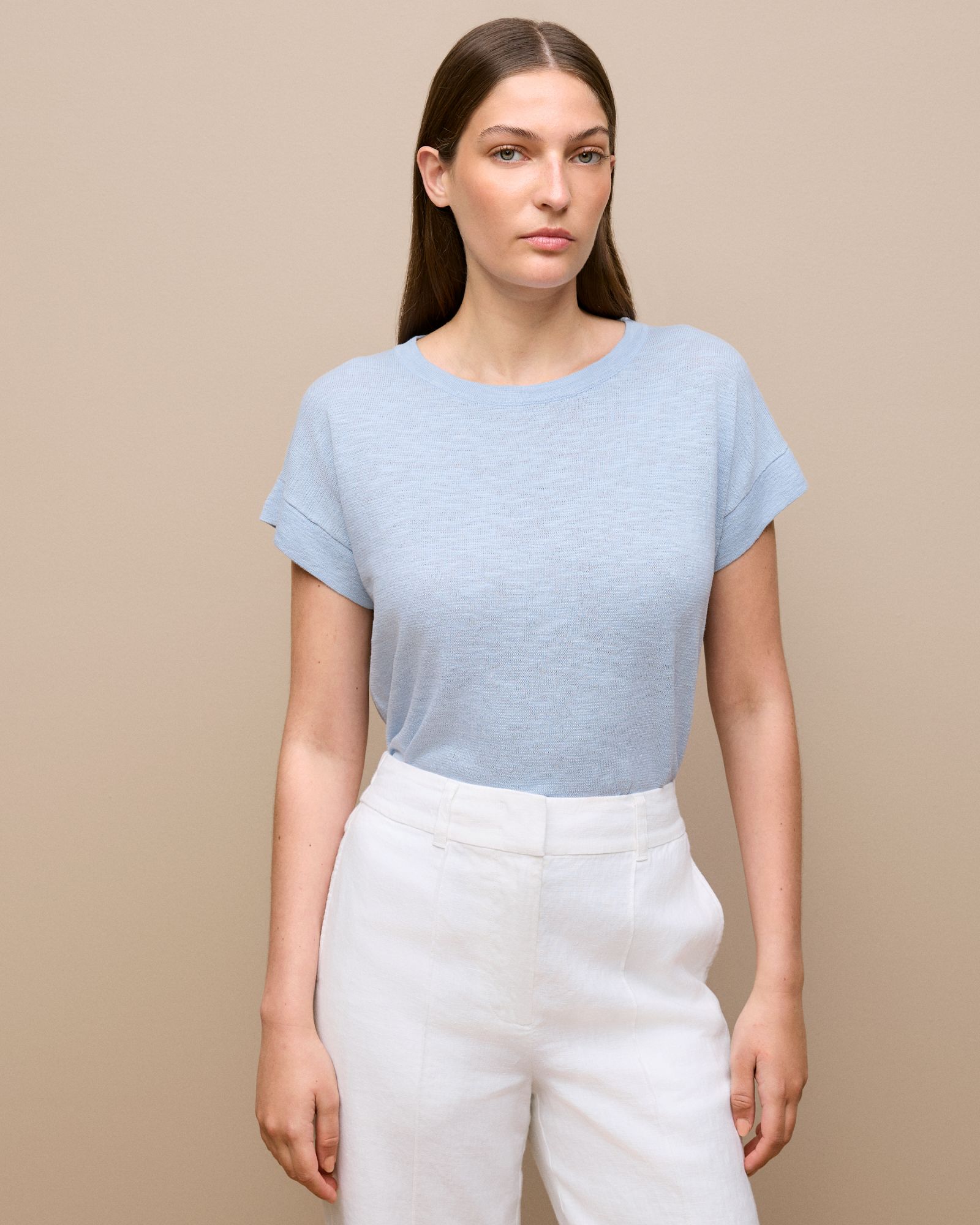 Linen Cotton Relaxed Crew T-shirt in Ice Blue