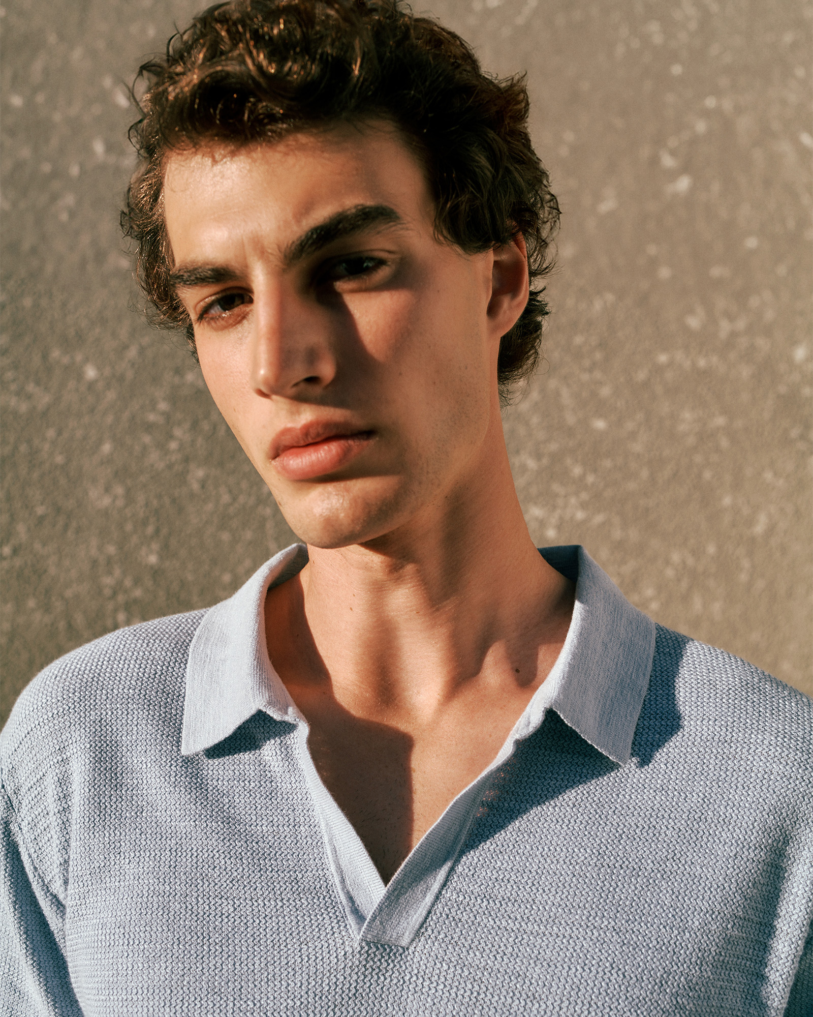 Cotton Linen Collared Knit Polo in Ice Blue