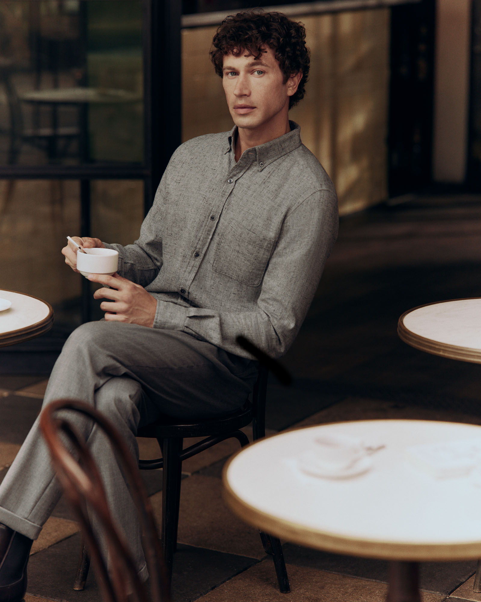 Regular Fit Brushed Cotton Flecked Shirt in Grey Marle