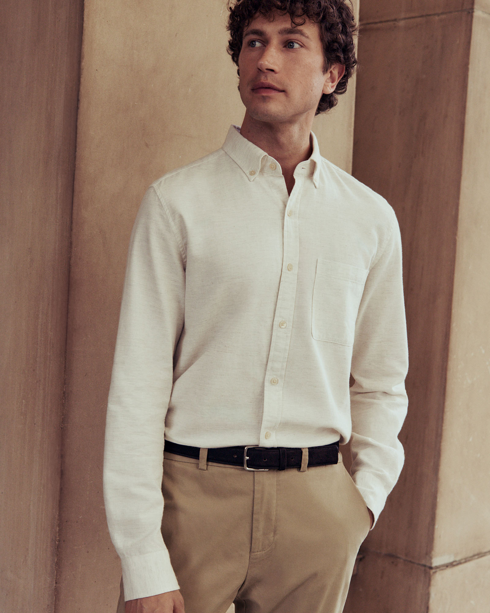 Regular Fit Brushed Cotton Flecked Shirt in Oatmeal Marle