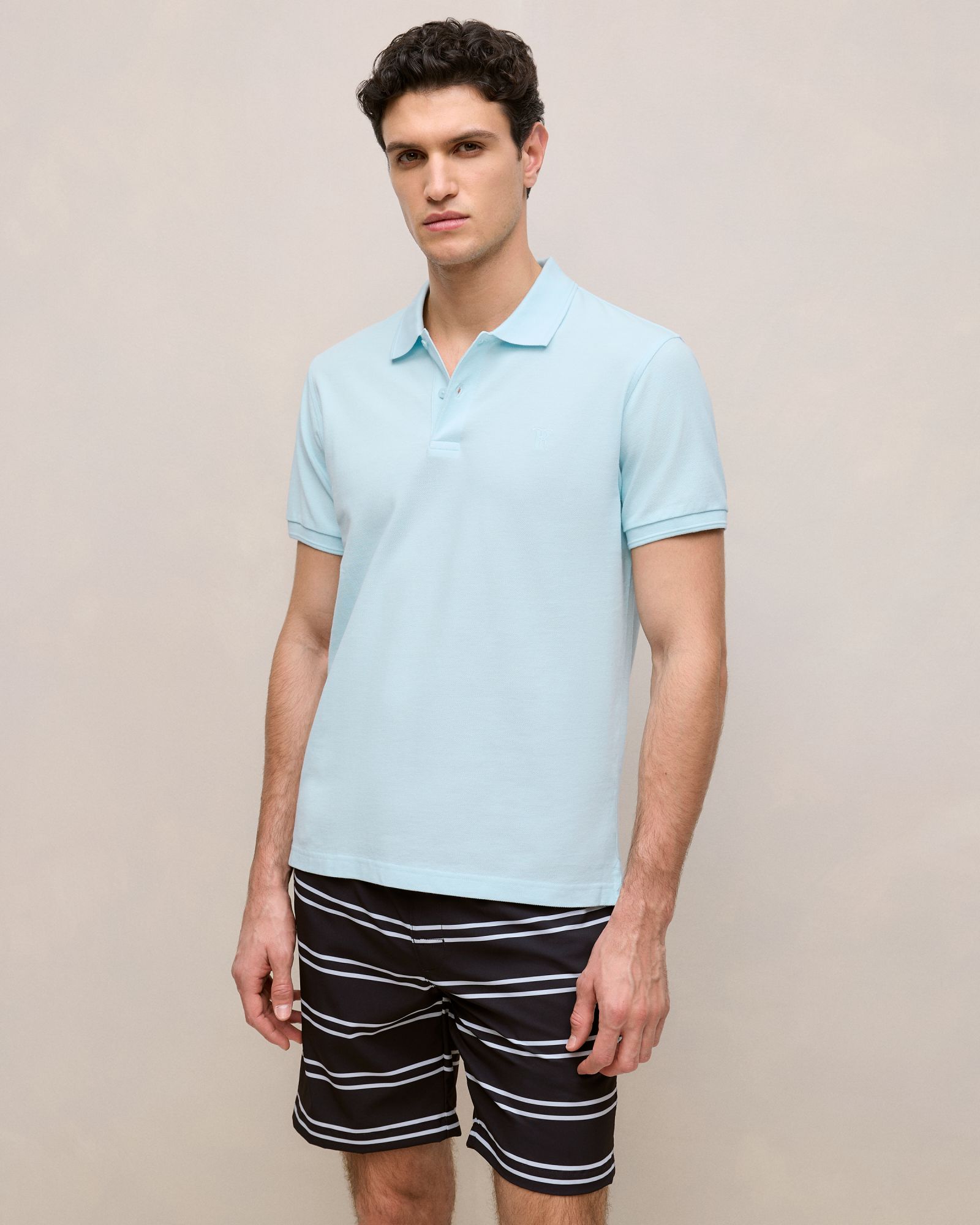 Pique Monogram Short Sleeve Polo in Pastel Blue