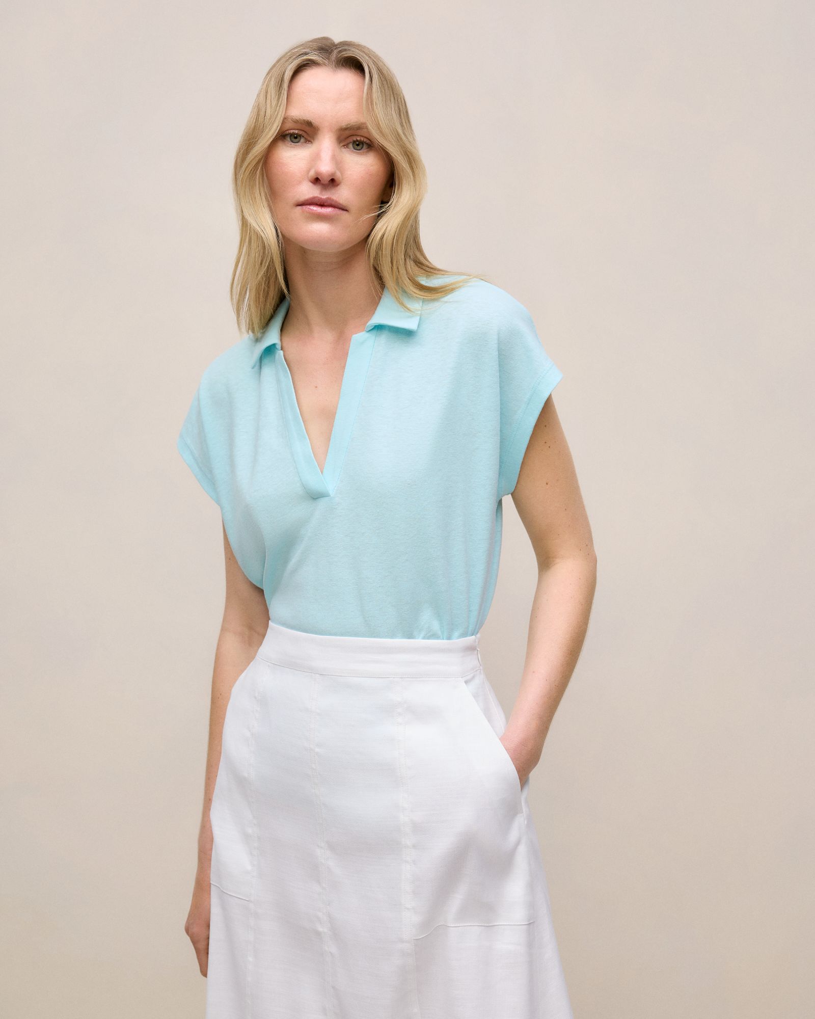 Linen Cotton Relaxed Cap Sleeve Polo in Pastel Blue