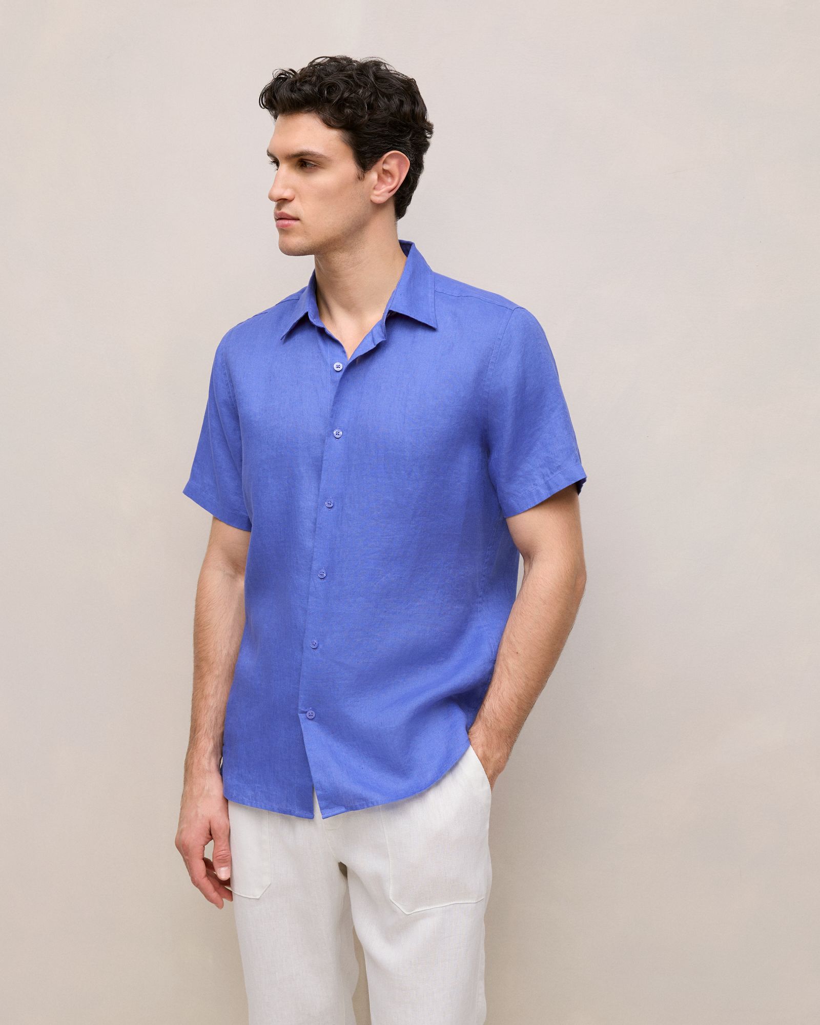 Regular Fit Linen Short Sleeve Shirt in Vivid Blue