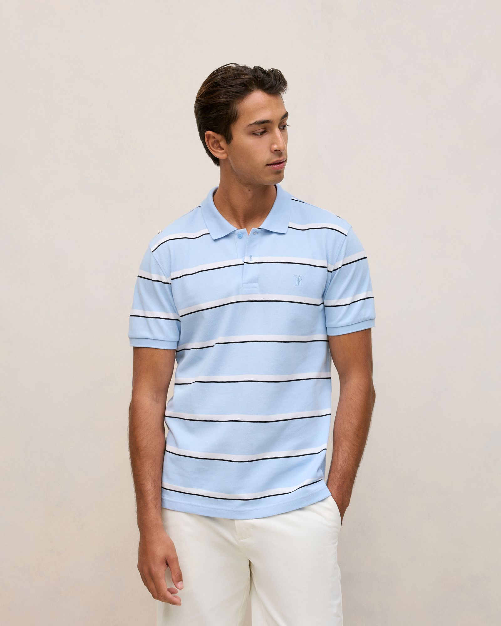 Cotton Pique Double Stripe Polo in Blue Marble