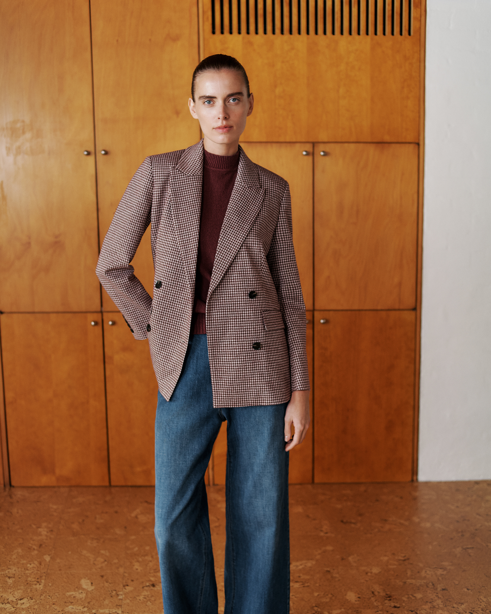 Puppytooth Ponte Double Breasted Blazer in Espresso