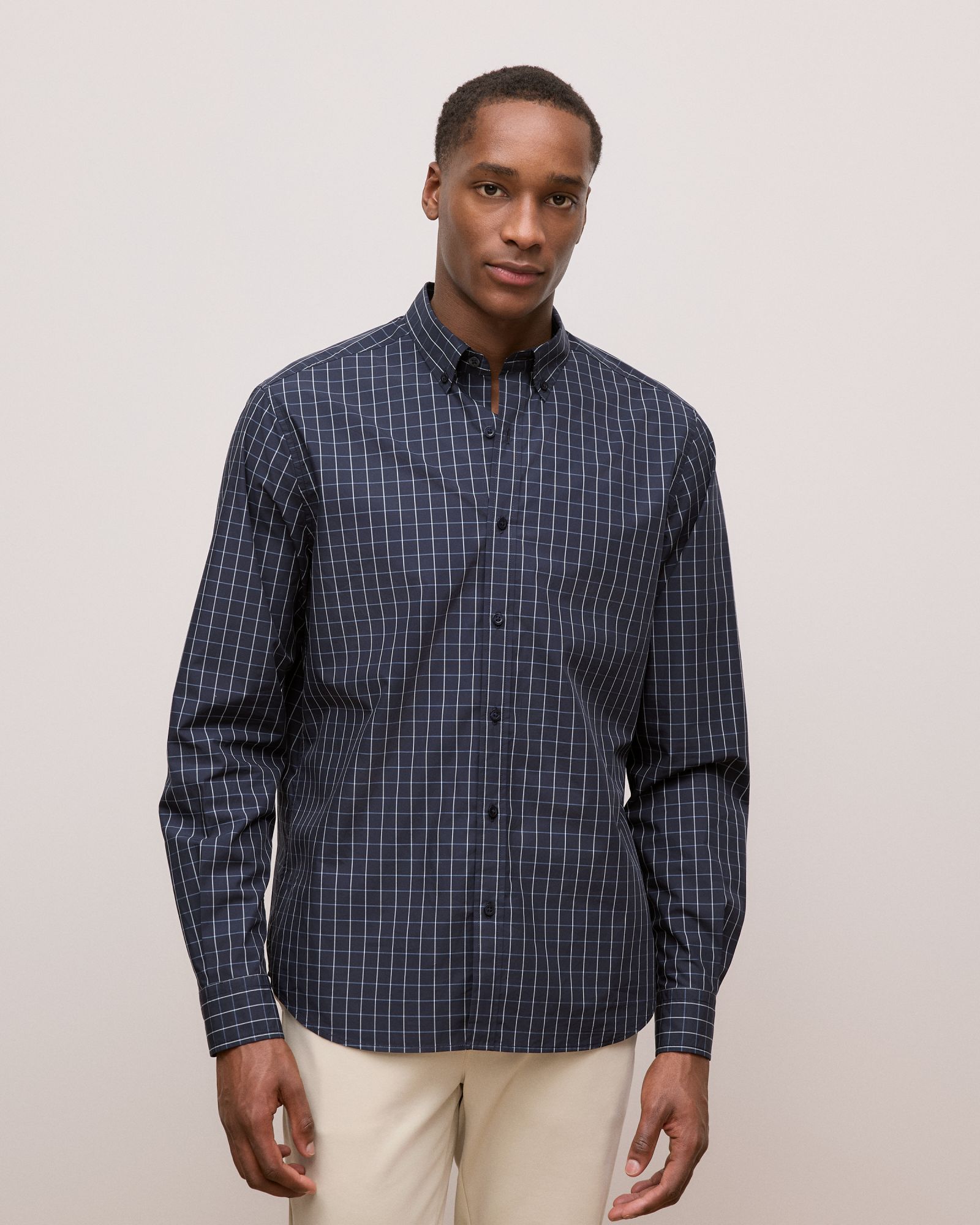 Regular Fit Poplin Grid Long Sleeve Shirt in Navy